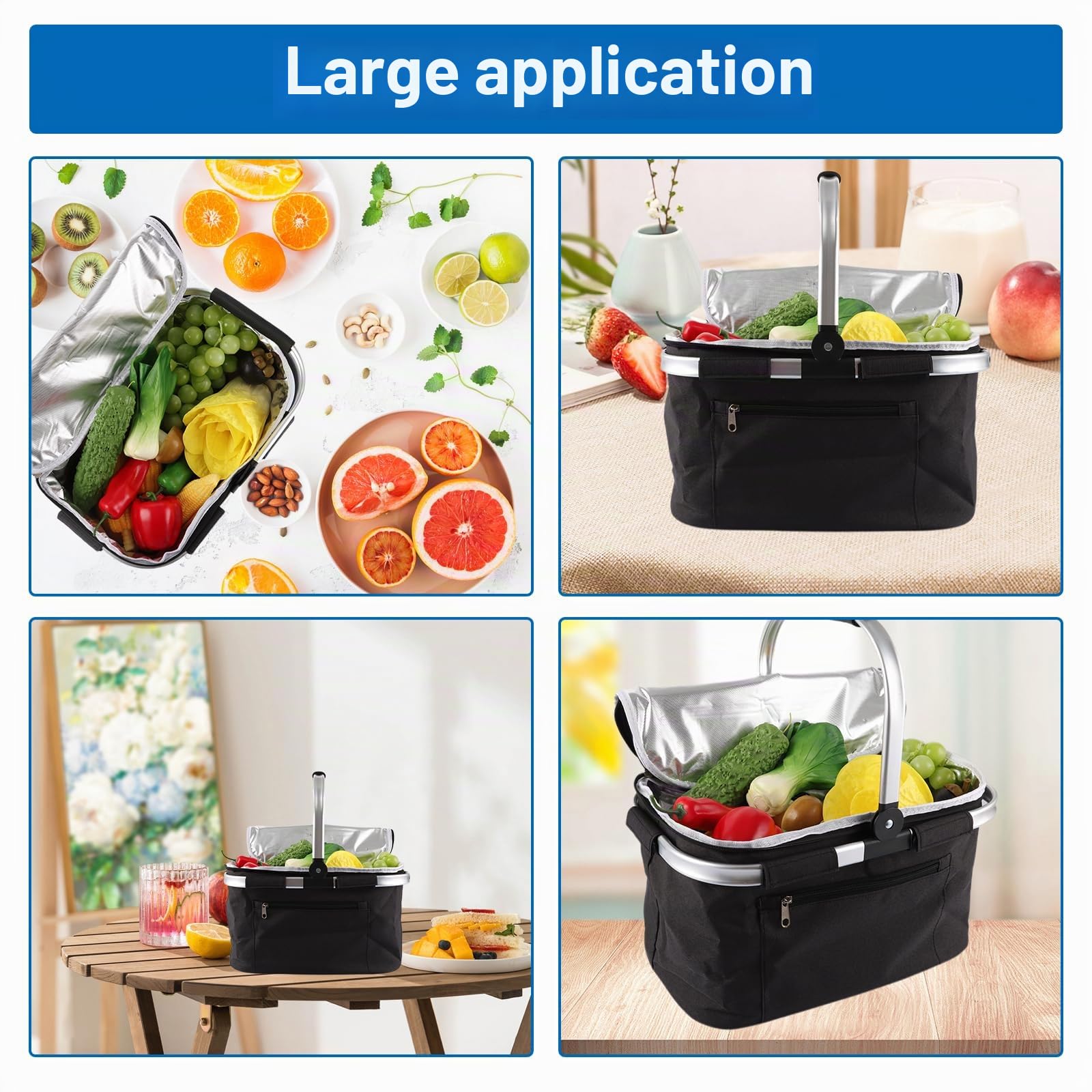 Panier Pique Nique Pliable, 34L Sac Isotherme Courses, Noir Panier Picnic pour Le Pique-Nique, Les Voyages