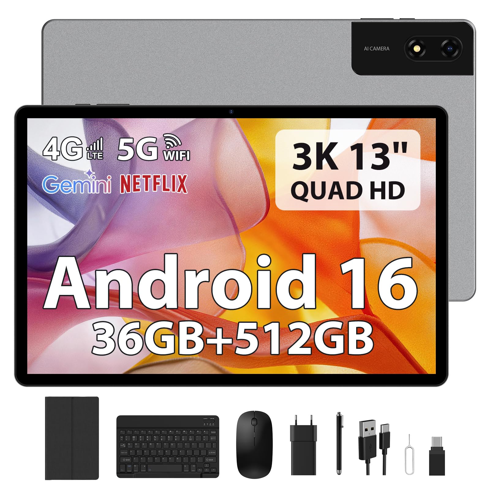 FLYCOAY Android 16 Tablette 13 Pouces, 36Go+512Go/TF 2TB, Octa-Core ave 2944 * 1840 FHD, Dual SIM 4G LTE/5G WiFi, 11580mAh, 4-Speaker, Tablette Tactile,/Widevine L1/GPS/Clavier/Stylus/Souris/Gris