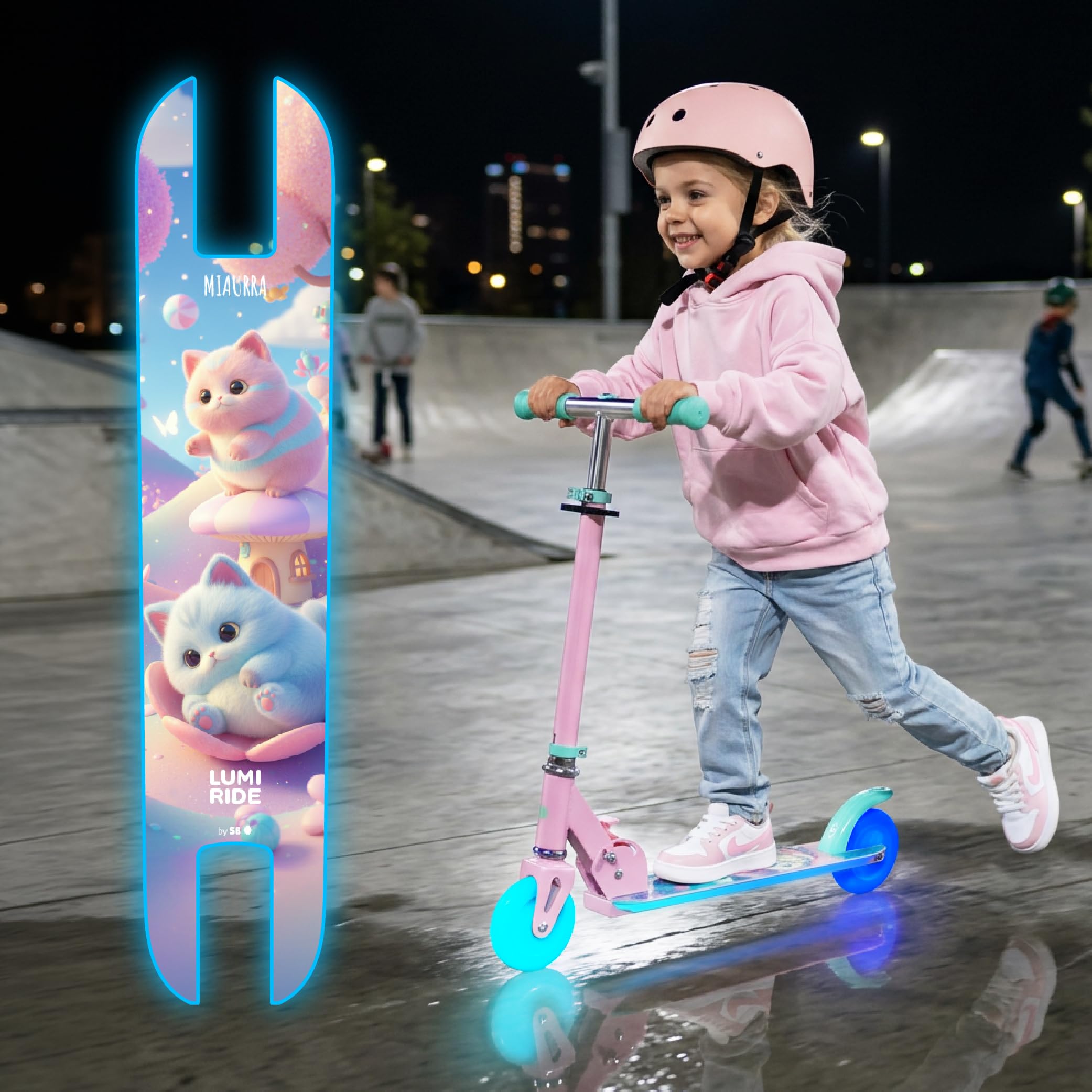 SUN BABY LUMI RIDE Hulajnoga dwukołowa dla dzieci, światła LED | od 3 lat, 7 kolorów, 20 programów, 3 poziomy regulacji kierownicy, hamulec nożny, wyjmowane rączki
