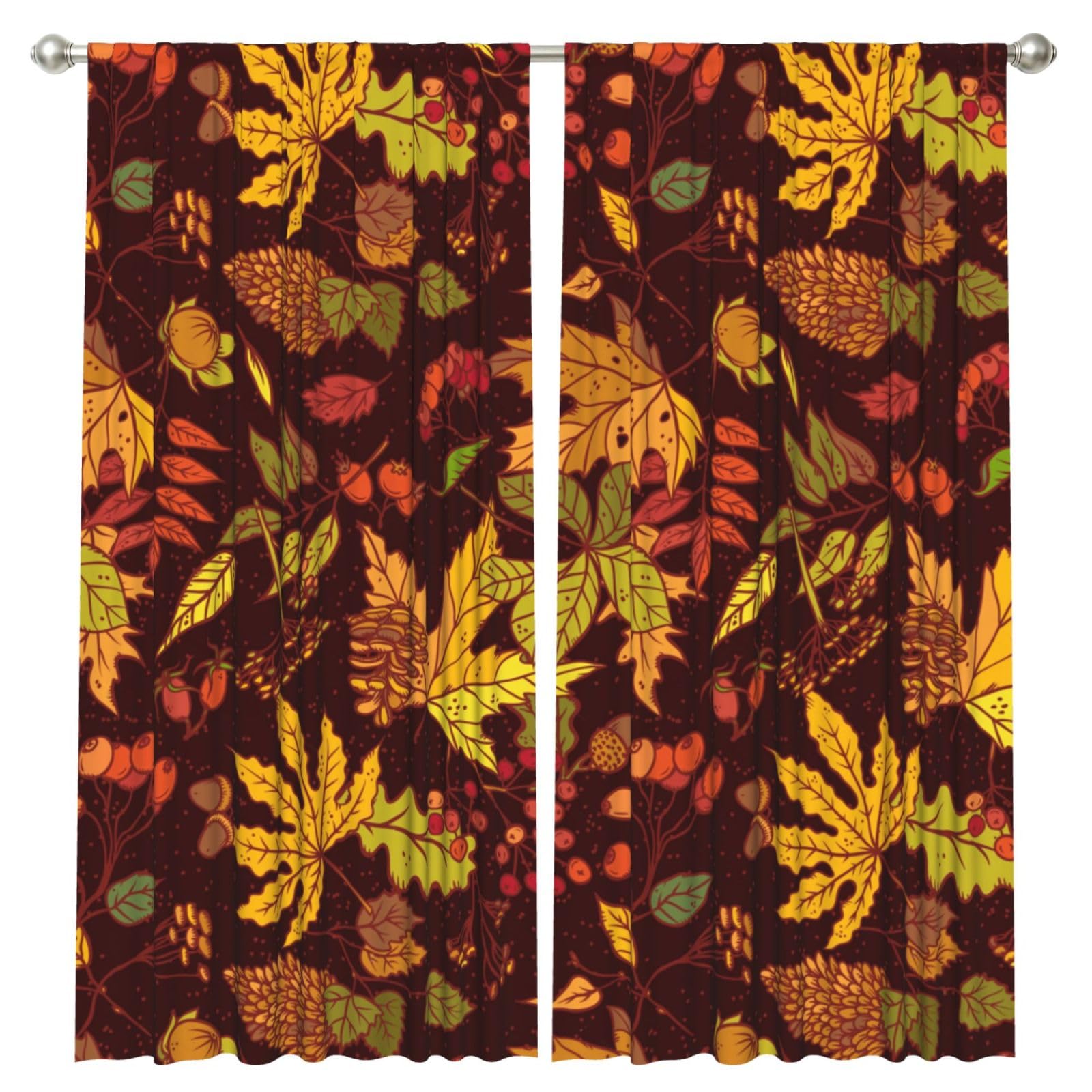 InOmak Fall Autumn Leaves Acorn Berries Printed, 2 Panels Window Curtains 52 x 84 Inch Blackout Curtains for Living Room Bedroom