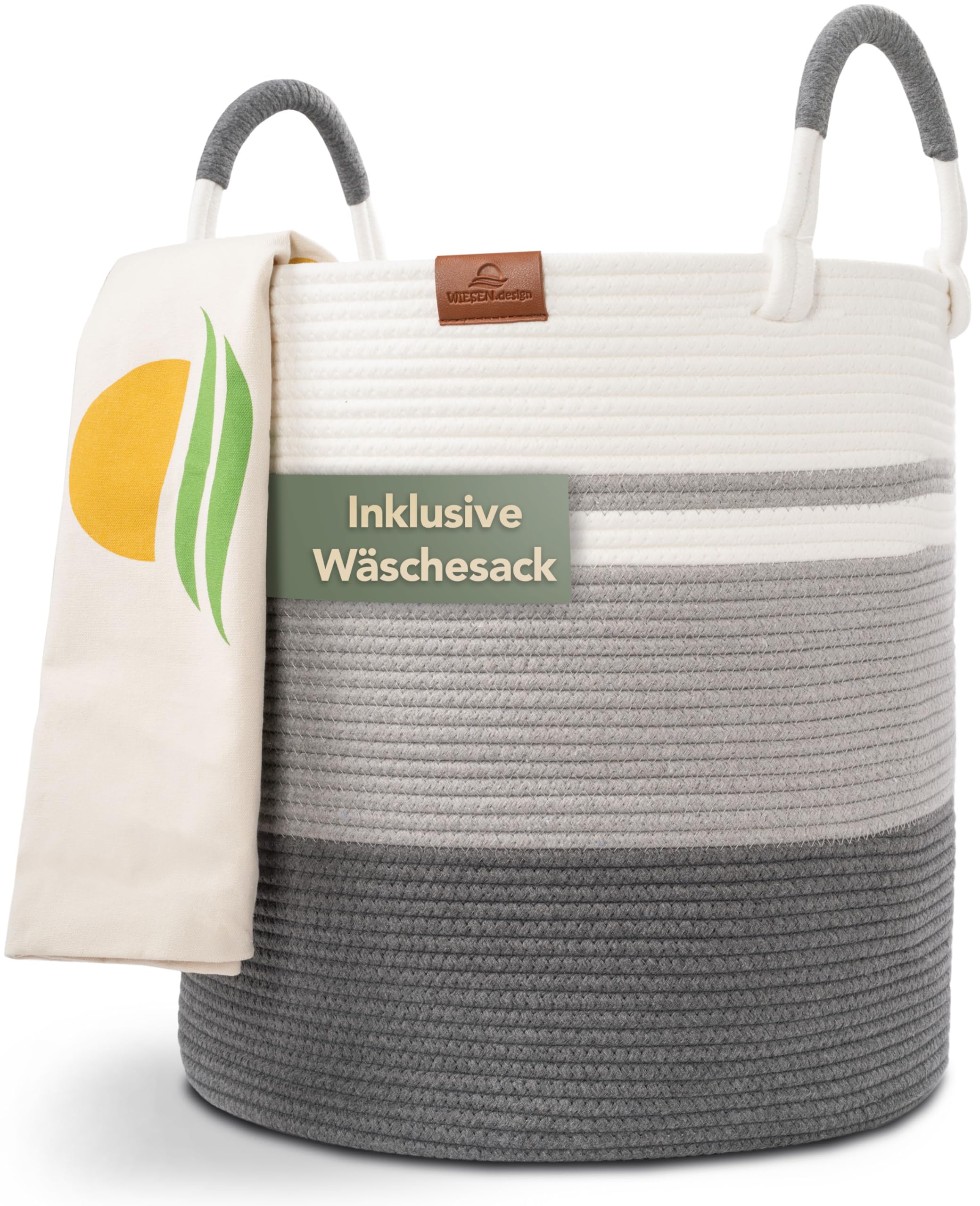 Korb EMILIA Ø46xH48 cm Grau/Weiß/80L, Wäschekorb geflochten aus Baumwolle, Wäschesammler, Aufbewahrungskorb groß, Korb geflochten, faltbarer Wäschekorb, Wäschetonne, laundry basket