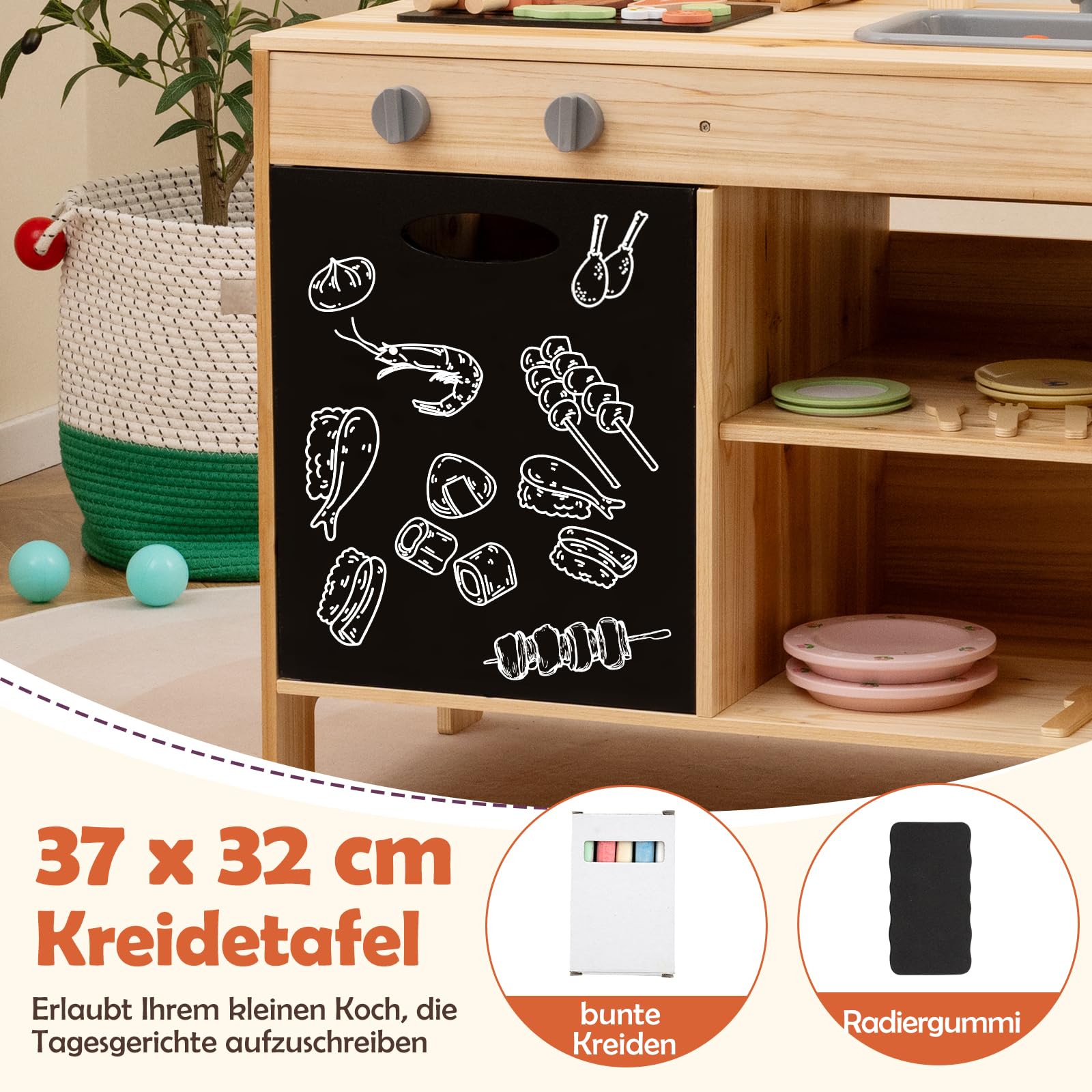 GOPLUS Matschküche Kinder mit Tafel, Kinder BBQ Grill Spielset mit Spielzeugessen, Grillwerkzeugen und Gewürzflaschen, Spielküche Kochspielset mit 27 TLG. Zubehör für Kinder ab 3 Jahren