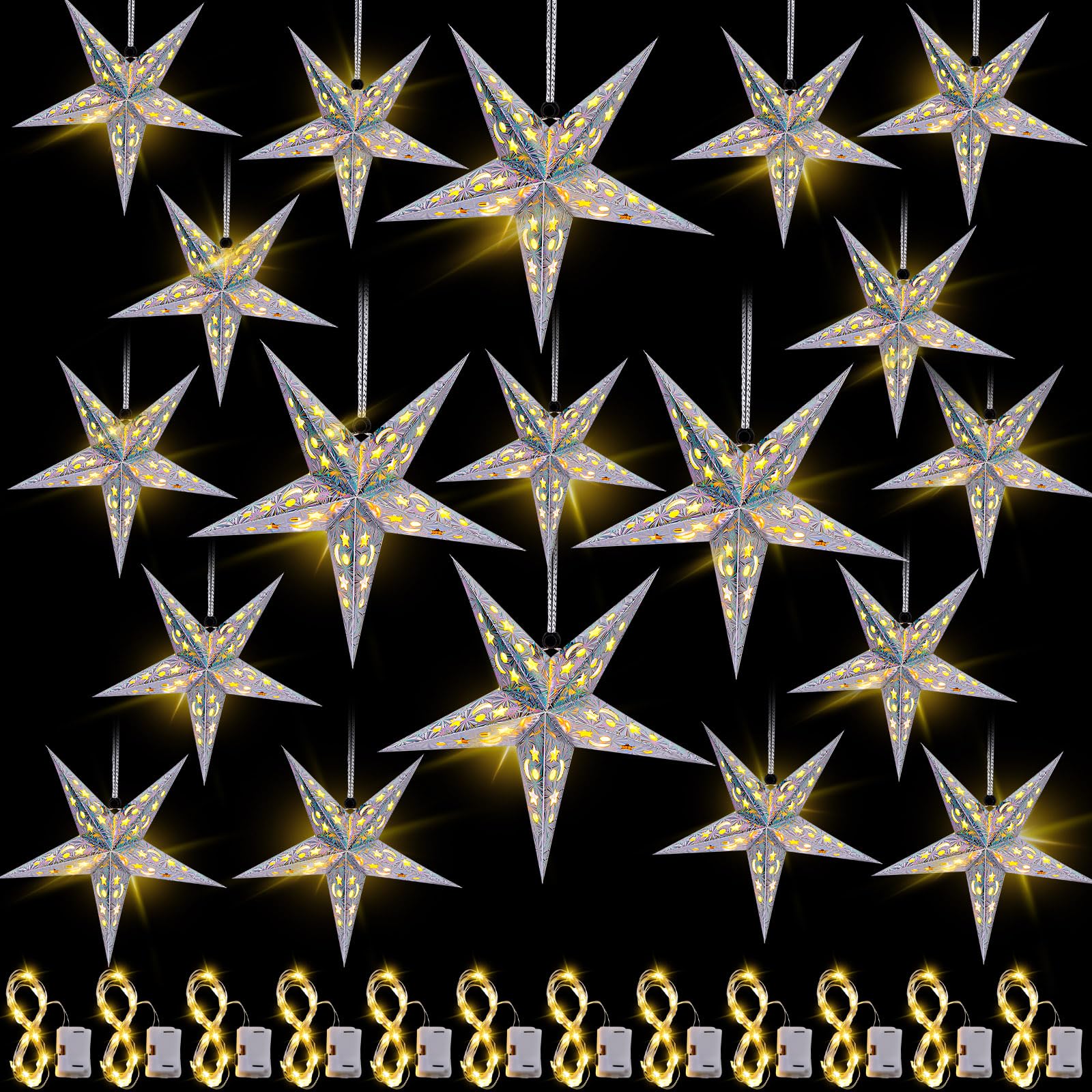Juego de 20 faroles de estrella de papel de Navidad, 2 tamaños, 17.7 pulgadas, 11.8 pulgadas, adornos colgantes de Navidad, pantalla 3D, decoración colgante con 20 luces LED para Navidad, Año Nuevo,
