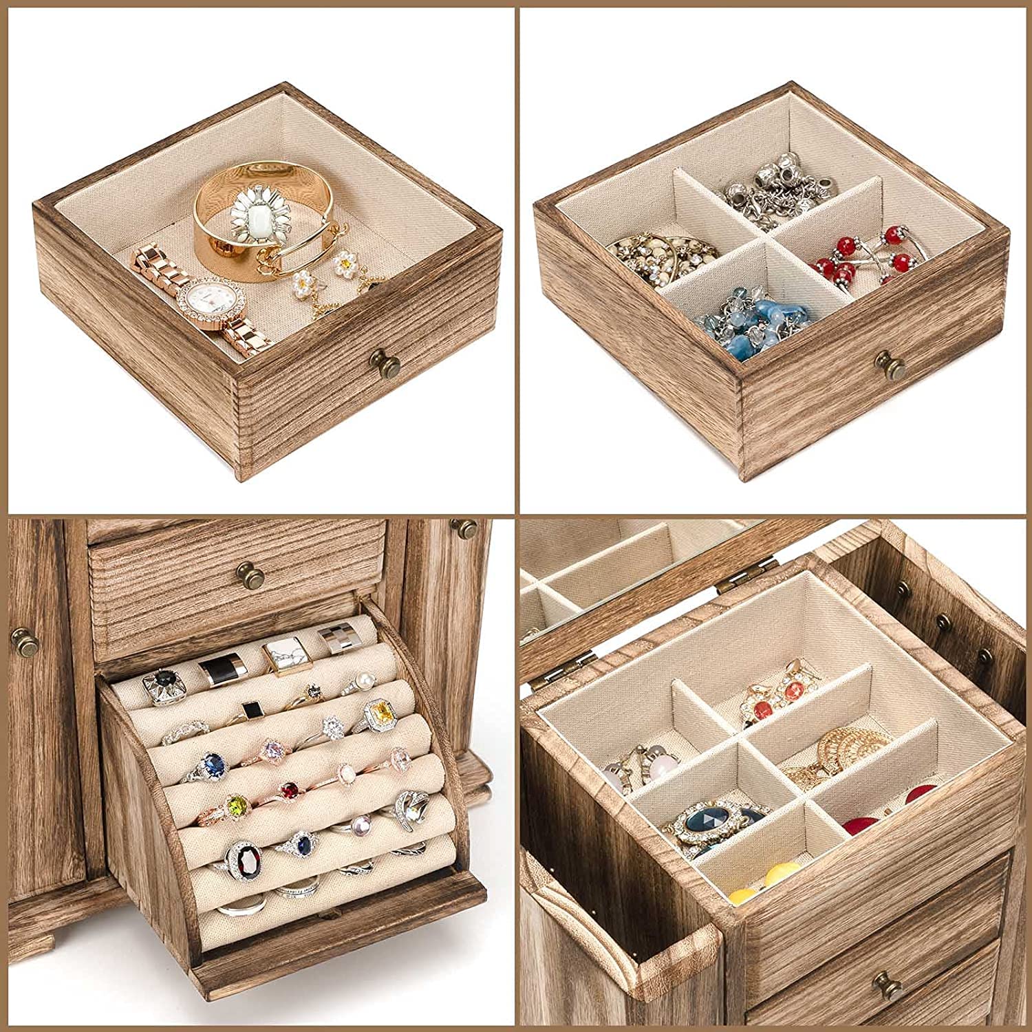 Schmuckkästchen, Schmuckaufbewahrung, Rustikales Holz Groß Schmuckkasten Organizers mit Spiegel, 4 Ebenen Schmuckbox für Ringe, Ohrringe, Halsketten, Armbänder (Rustikal Braun)