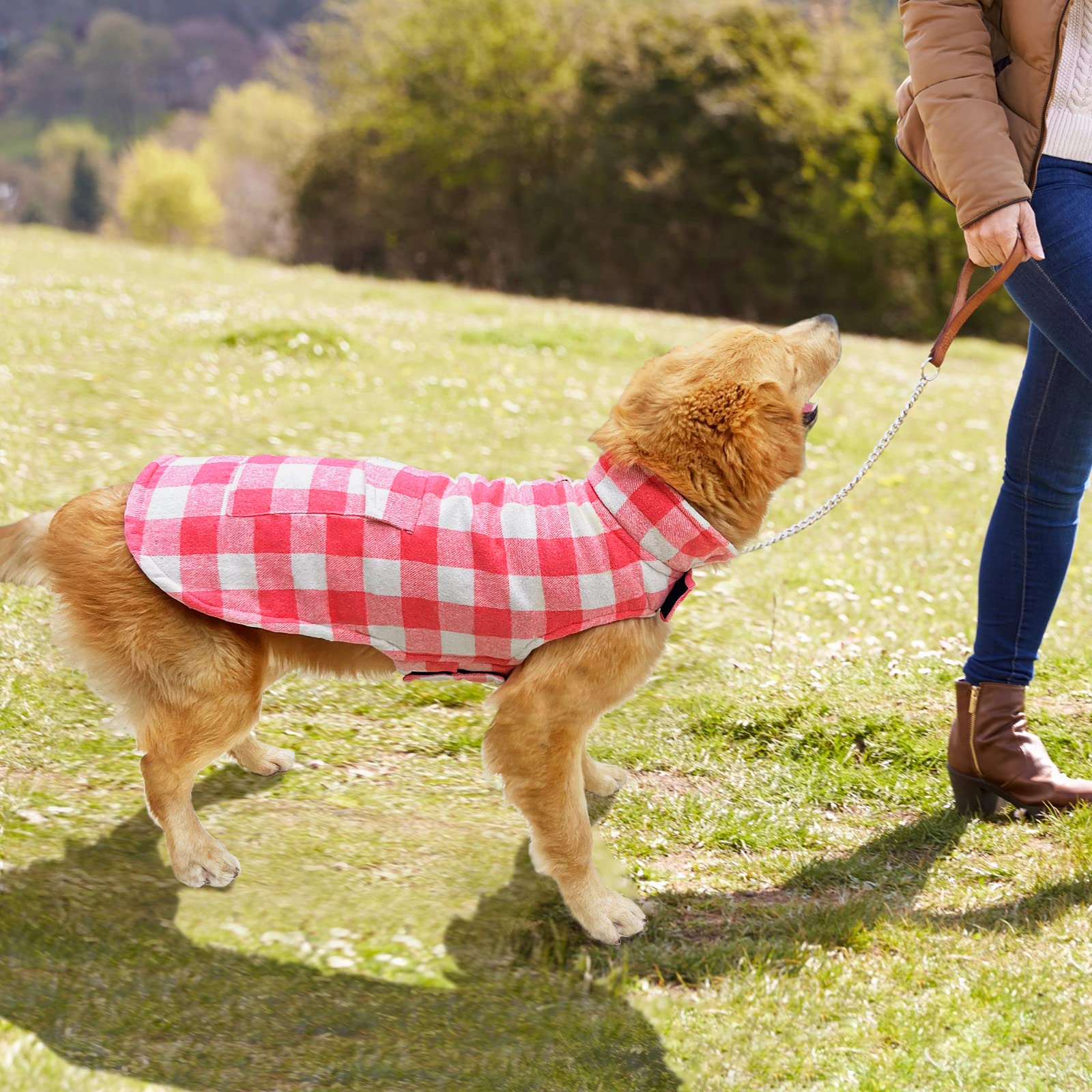 Malier Cappotto classico in pile a quadri con tasca, gilet antivento caldo invernale per cani di taglia piccola, media e grande (rosa, 3XL)