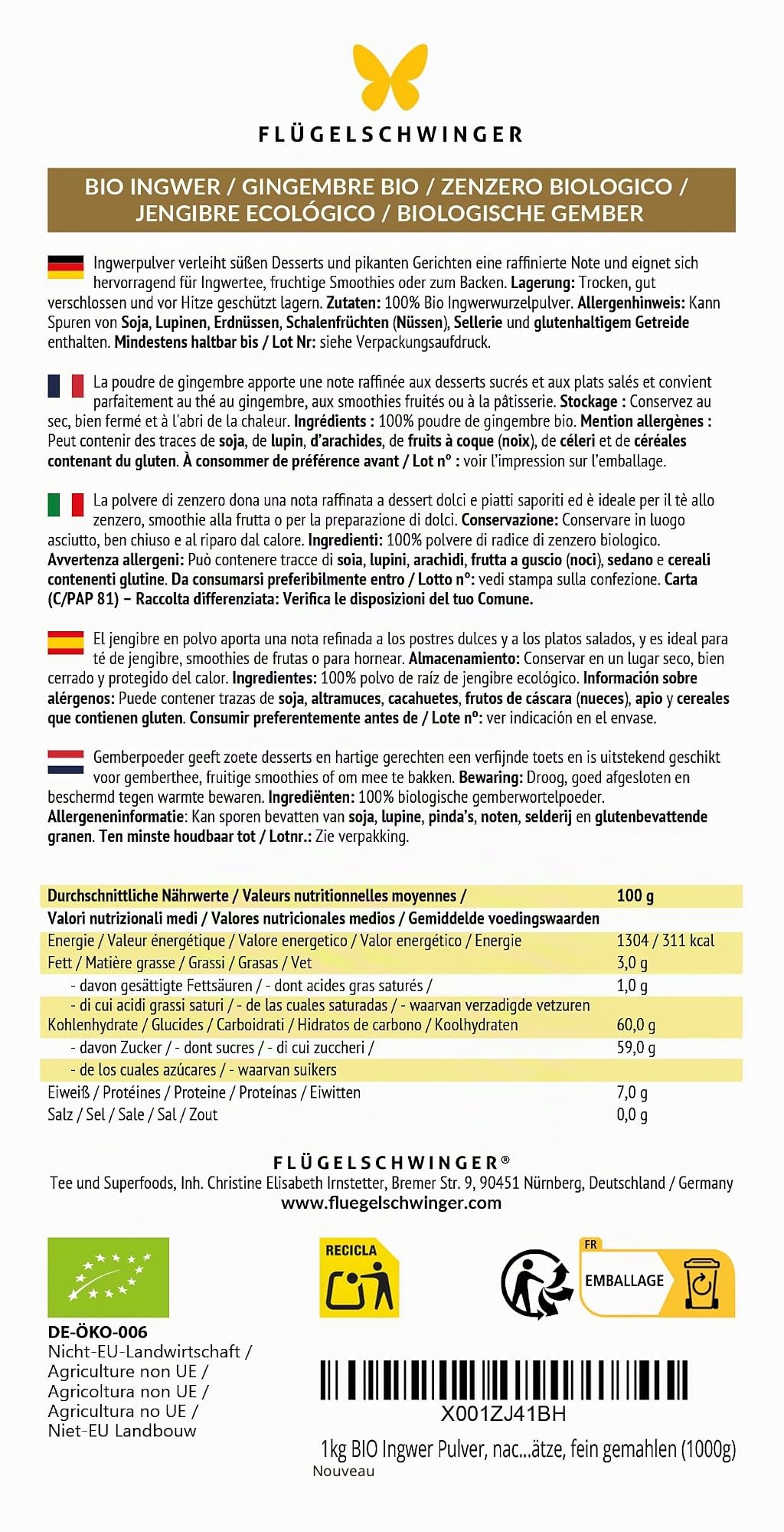 1 kg de poudre de gingembre BIO, cultivée et fabriquée selon les normes biologiques de l'UE, sans additifs, finement moulue (1000 g)