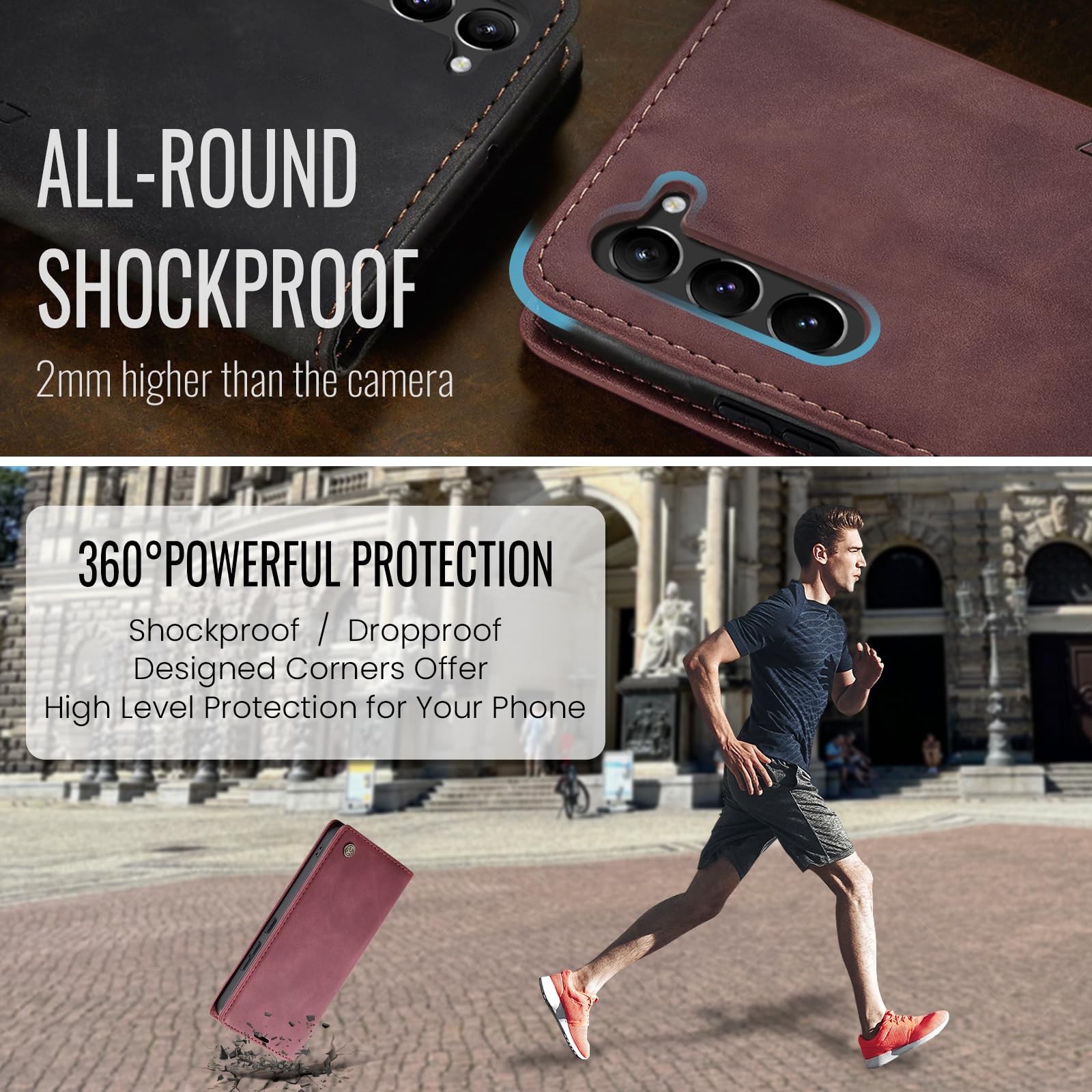 Samokor Cover per Samsung Galaxy S23 5G Pelle Flip Custodia Cavalletto Portafoglio Magnetica Carta Fessura Antiurto per Samsung Galaxy S23,Vino Rosso