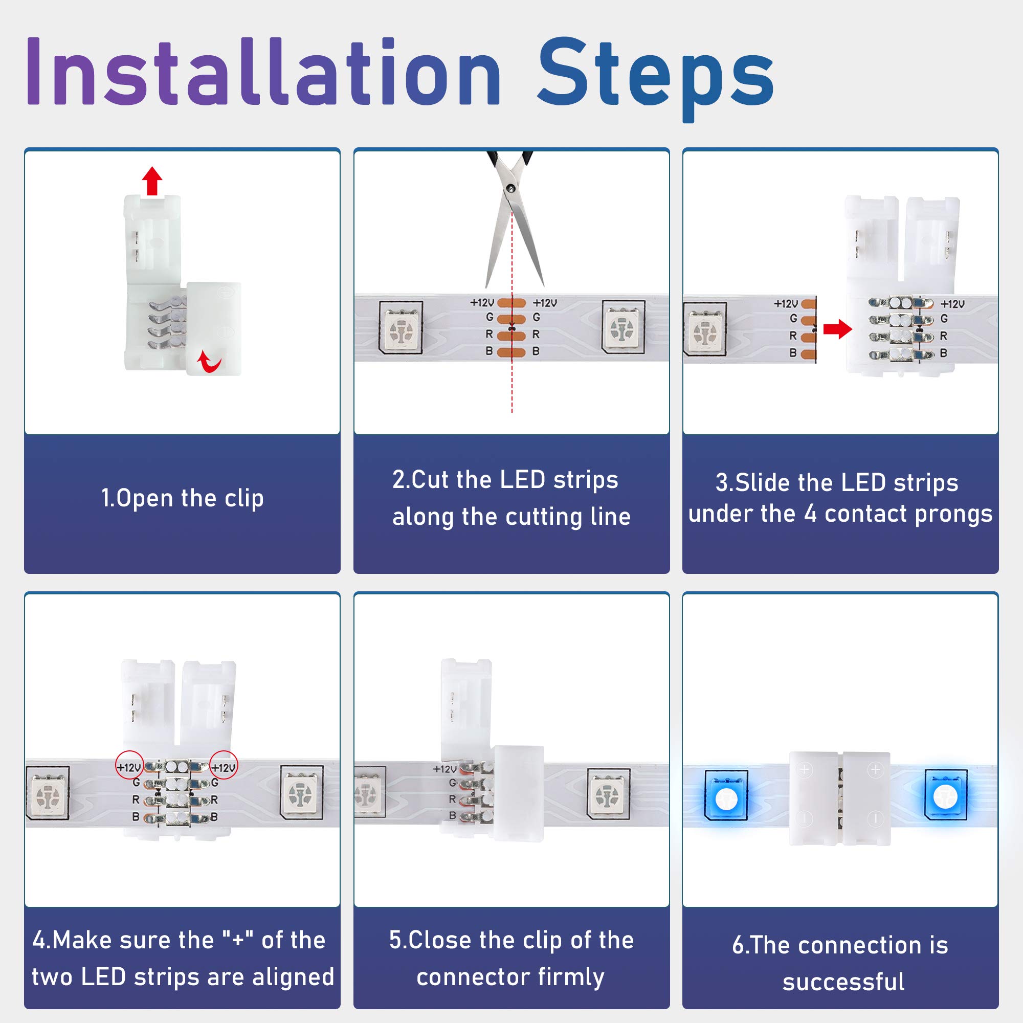 10 Pcs 4-Pin RGB LED Light Strip Connectors JACKYLED PBC 10mm Wide Gapless LED  Tape Light Clips Solderless Adapter Connectors for SMD 5050 Multicolor LED  Strips (White) - - Amazon.com