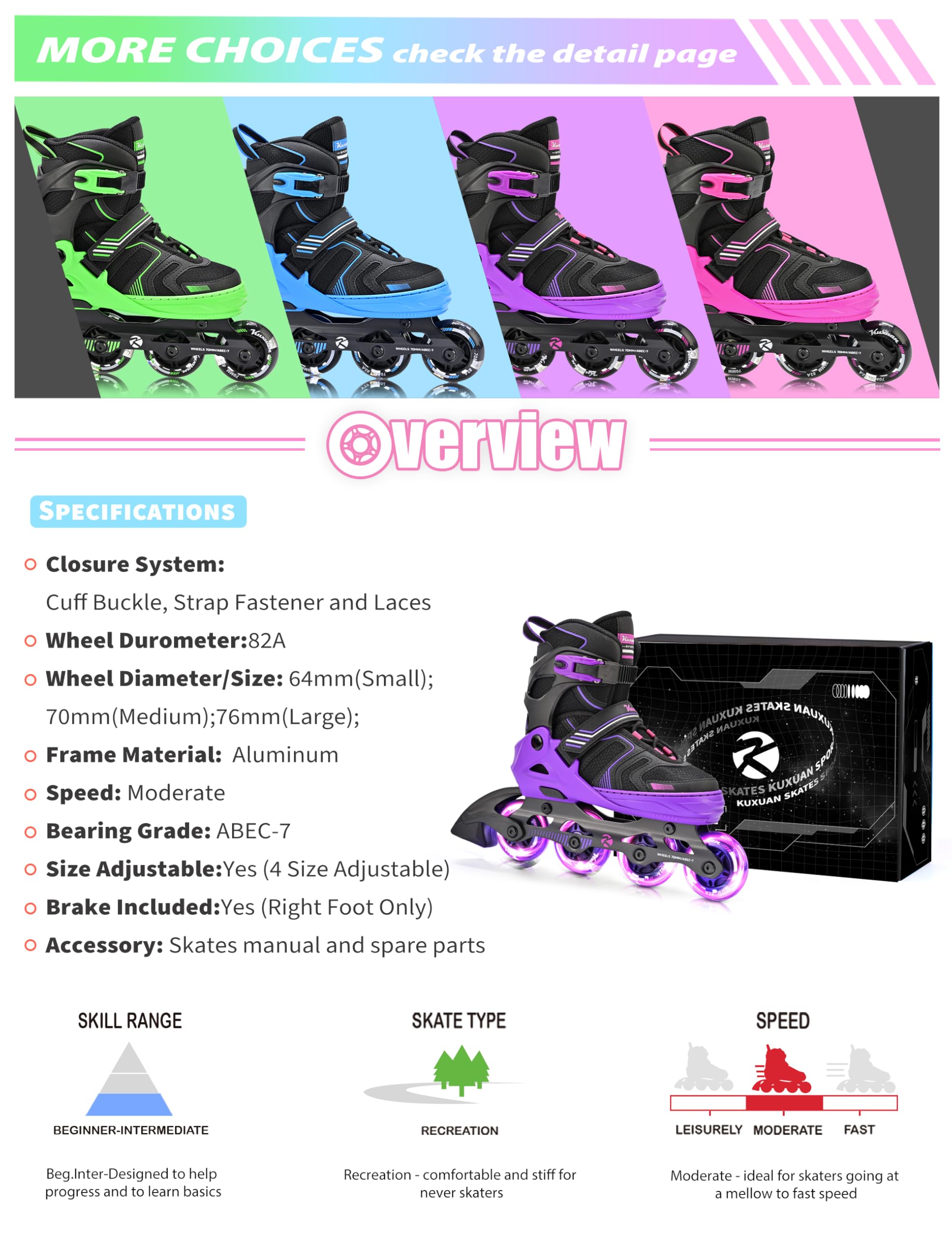 Kuxuan Skates Pattini regolabili in linea per ragazzi ragazze bambini con ruote luminose, pattini adolescenti per principianti donne