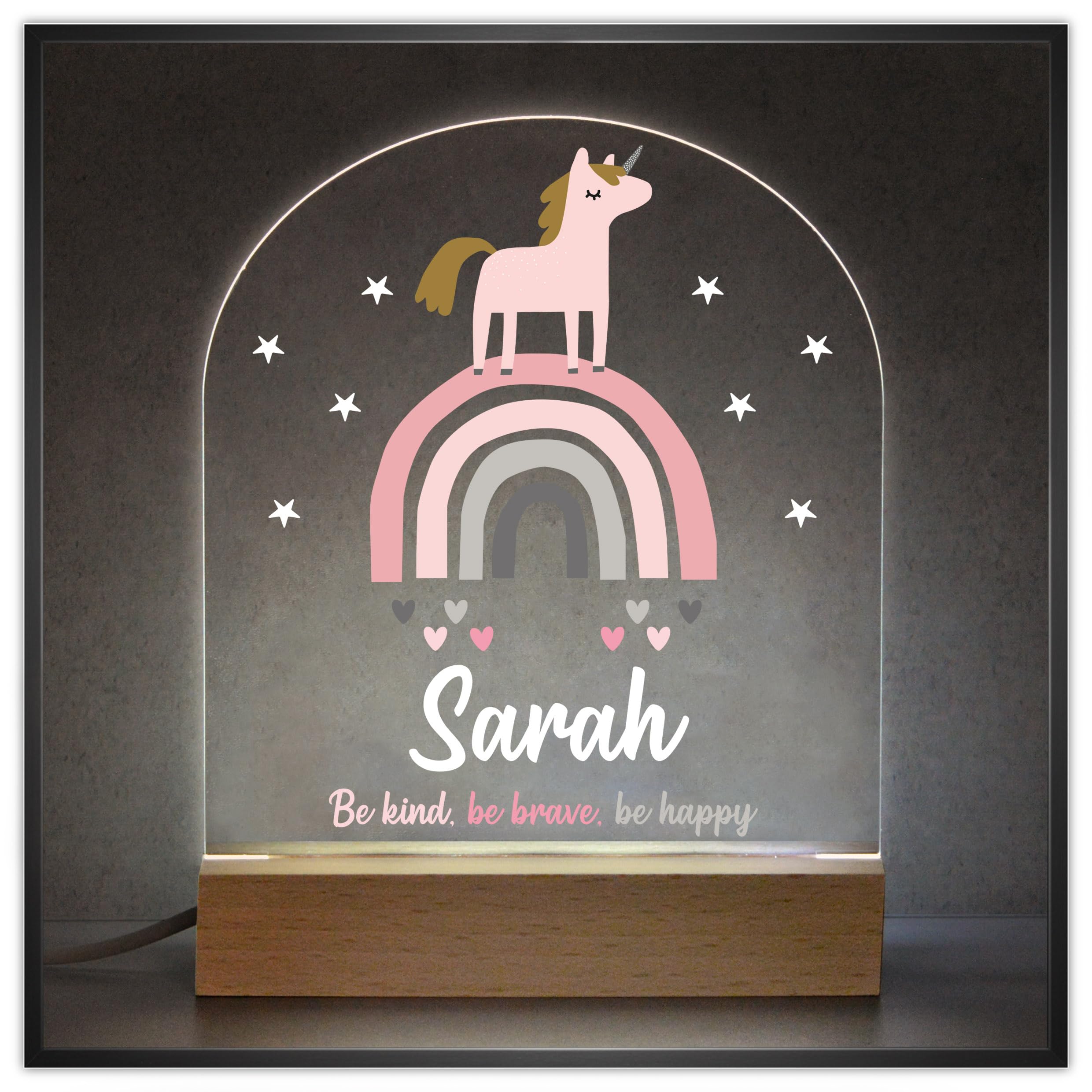 Beecreative Unicorn Nursery Night Light with Childs Name - Unicorn Gifts For Girls, Her, Daughter, Granddaughter - Personalised LED Night Light - Be Kind Be Brave Be Happy
