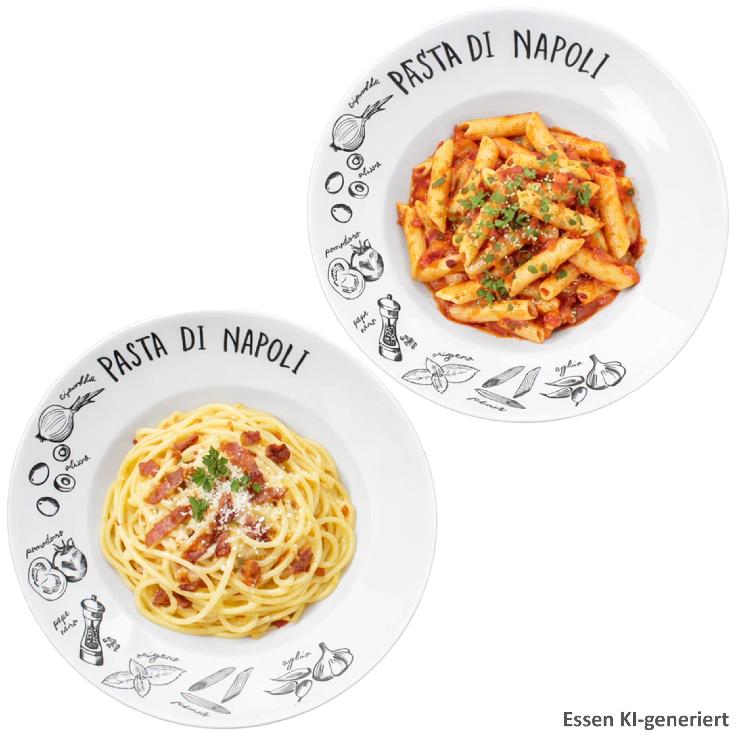 MamboCat Pasta di Napoli Lot de 2 assiettes creuses en porcelaine I Ø 27 cm 350 ml I Assiettes creuses en porcelaine noire et blanche avec décor I pour 2 personnes I Pâtes, salade, antipasti et soupes