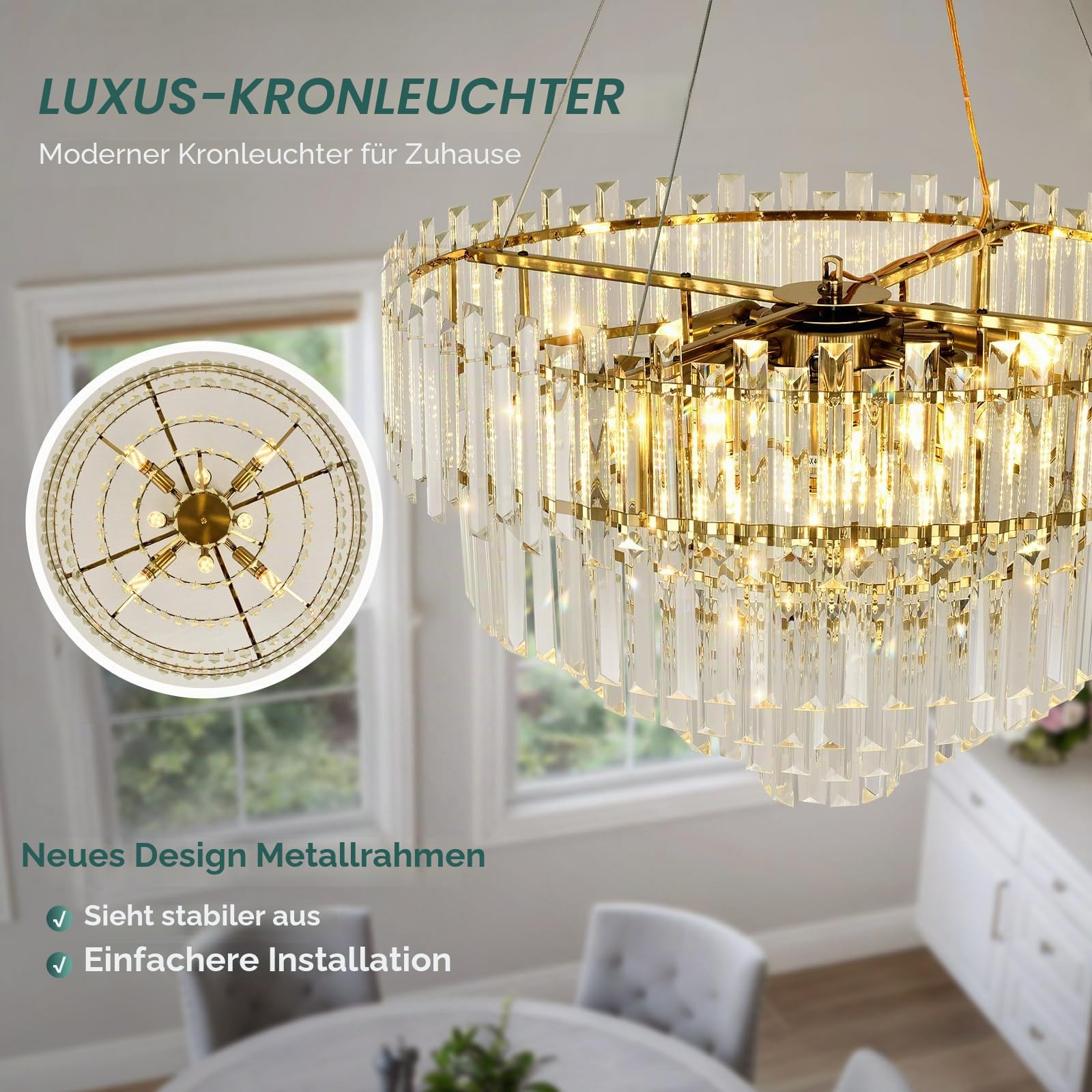 Moderne Gold Kristall Kronleuchter, Runde Pendelleuchte aus klarem Kristall für Esszimmer, Wohnzimmer, Schlafzimmer & Restaurant, E14 x 8, Φ60 cm