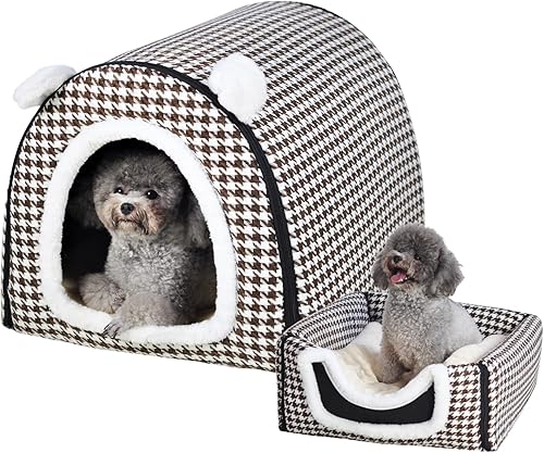 Cama para perros o gatos, 2 maneras de usar, casa para mascotas de interior con alfombrilla esponjosa, funda extraíble y lavable, parte inferior