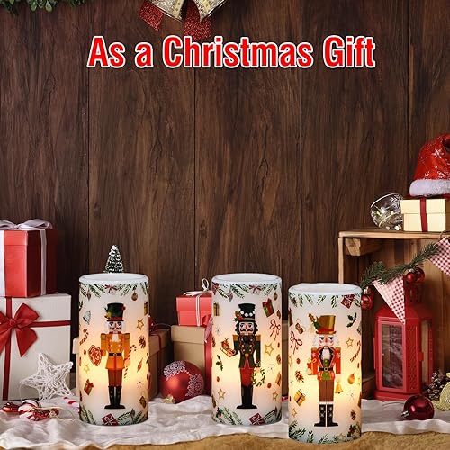 Miniatura 6 de Velas de pilar sin llama de cascanueces de Navidad con temporizador remoto, velas LED en soporte de cera real, vela a pilas para decoración de