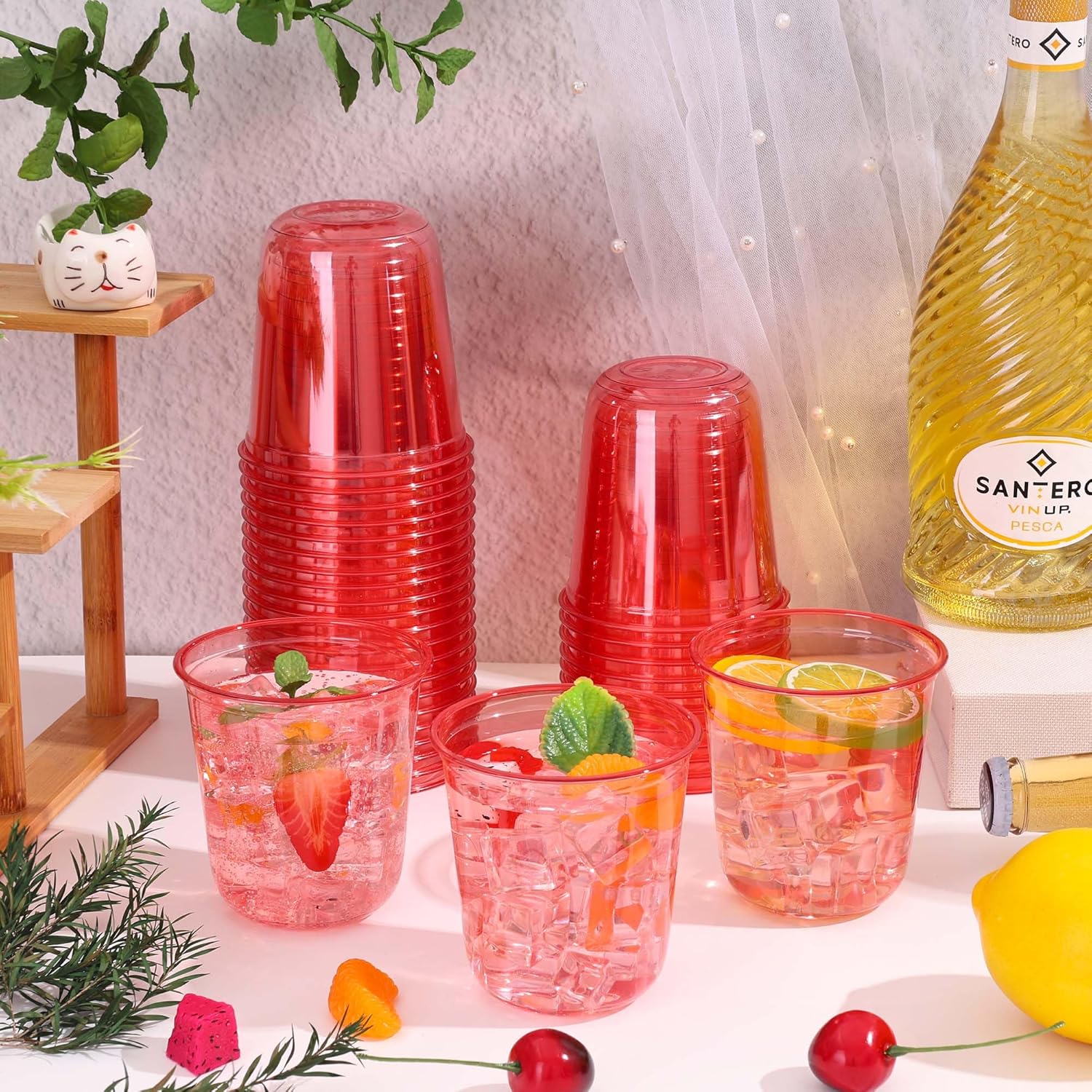 KesaPlan 50 Pcs Red Clear Plastic Cups for Party, 12 oz Disposable Stemless Wine Glasses, Cute Round Bottom Plastic Cocktail Cups for Christmas Valentine's Day Mother's Day Birthday Wedding Party - Image 5