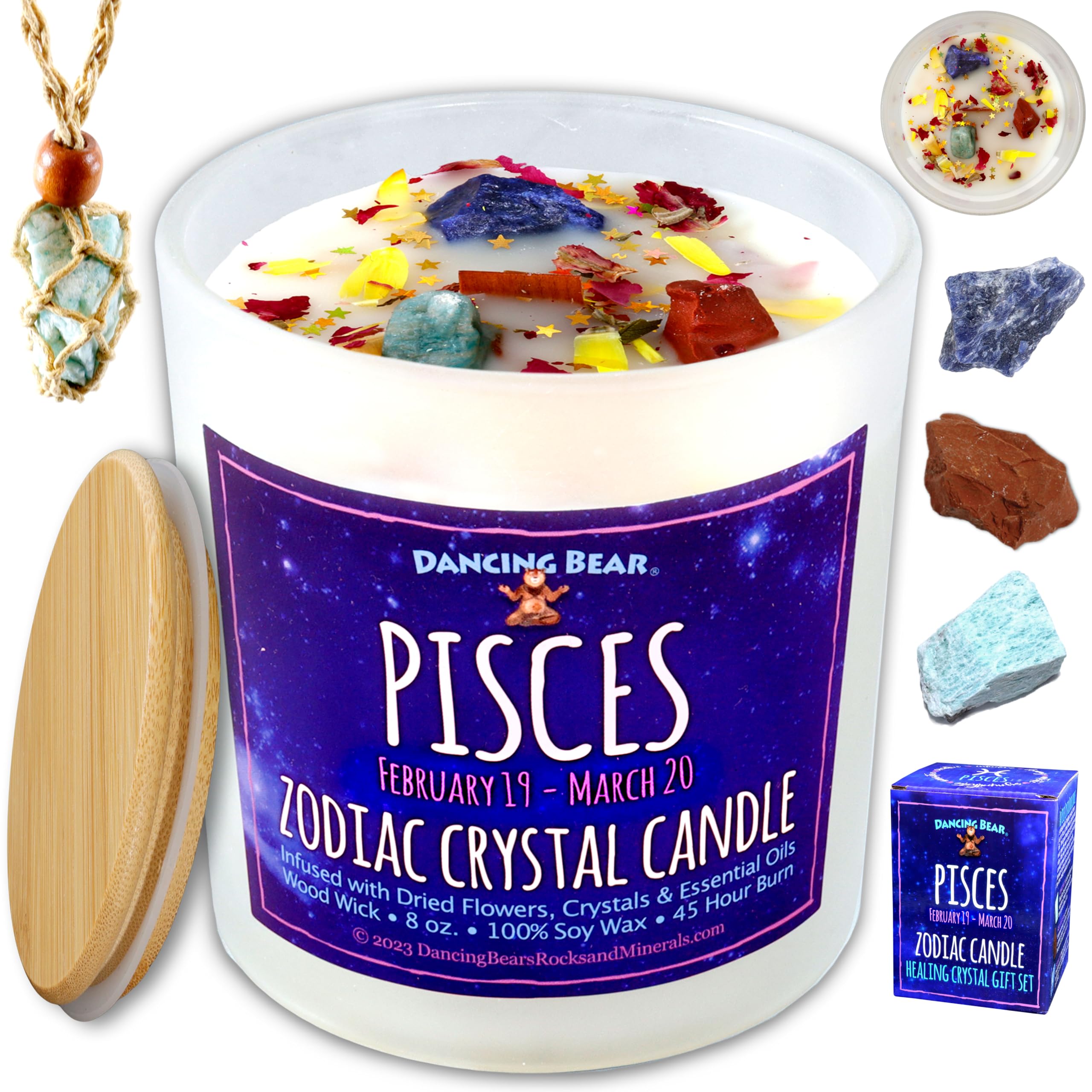 DANCING BEAR Pisces Zodiac Candle Gift Box Set with 3 Healing Crystals & Stone Holder Necklace, 100% Soy Scented Wax, Crackling Wood Wick, 45 Hour Burn Time