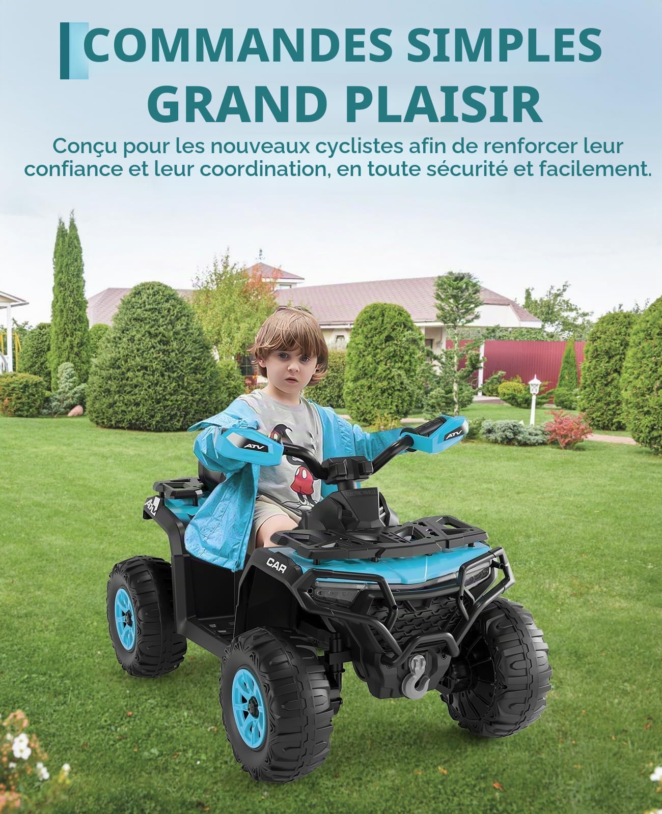 Voiture Électrique pour Enfants 12V, Quad Électrique Enfants, Batterie Rechargeable, LED Et Musique, Port USB, Connexion sans Fil, Vitesse 3km/h, 3-8 Ans, Bleu Turquoise