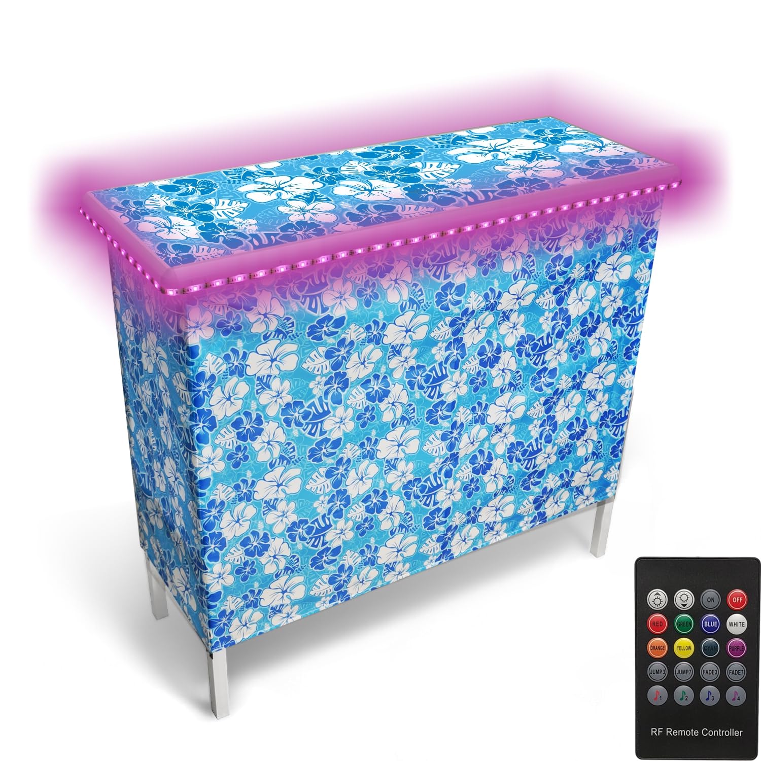 PARTYPONG Folding Portable Bar w/LED Lights, Wireless Remote, 2 Bar Skirts, Storage Shelf, & Carrying Case - Hawaiian
