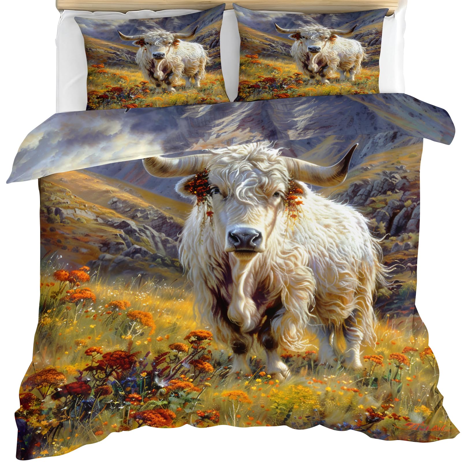 YEMYOR Highland Cow Comforter Cover, Cute Cow Print Duvet Cover King 230x220 cm, Western Farmhouse Cattle Bedding Set with 2 Pillowcases