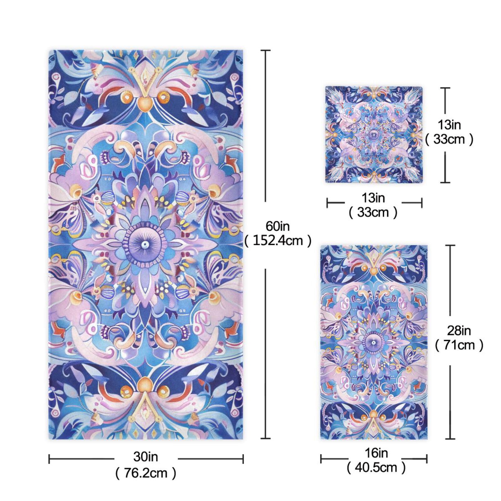 Set di 3 asciugamani decorativi per il viso in stile bohémien, motivo floreale viola, 1 asciugamano da bagno, 1 asciugamano per mani, 1 panno per la casa, cucina, hotel, palestra, nuoto, spa