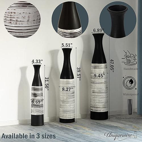 Miniatura 5 de Jarrón de cerámica impermeable hecho a mano en blanco y negro de 39 pulgadas, diseño independiente, perfecto para arreglos florales altos
