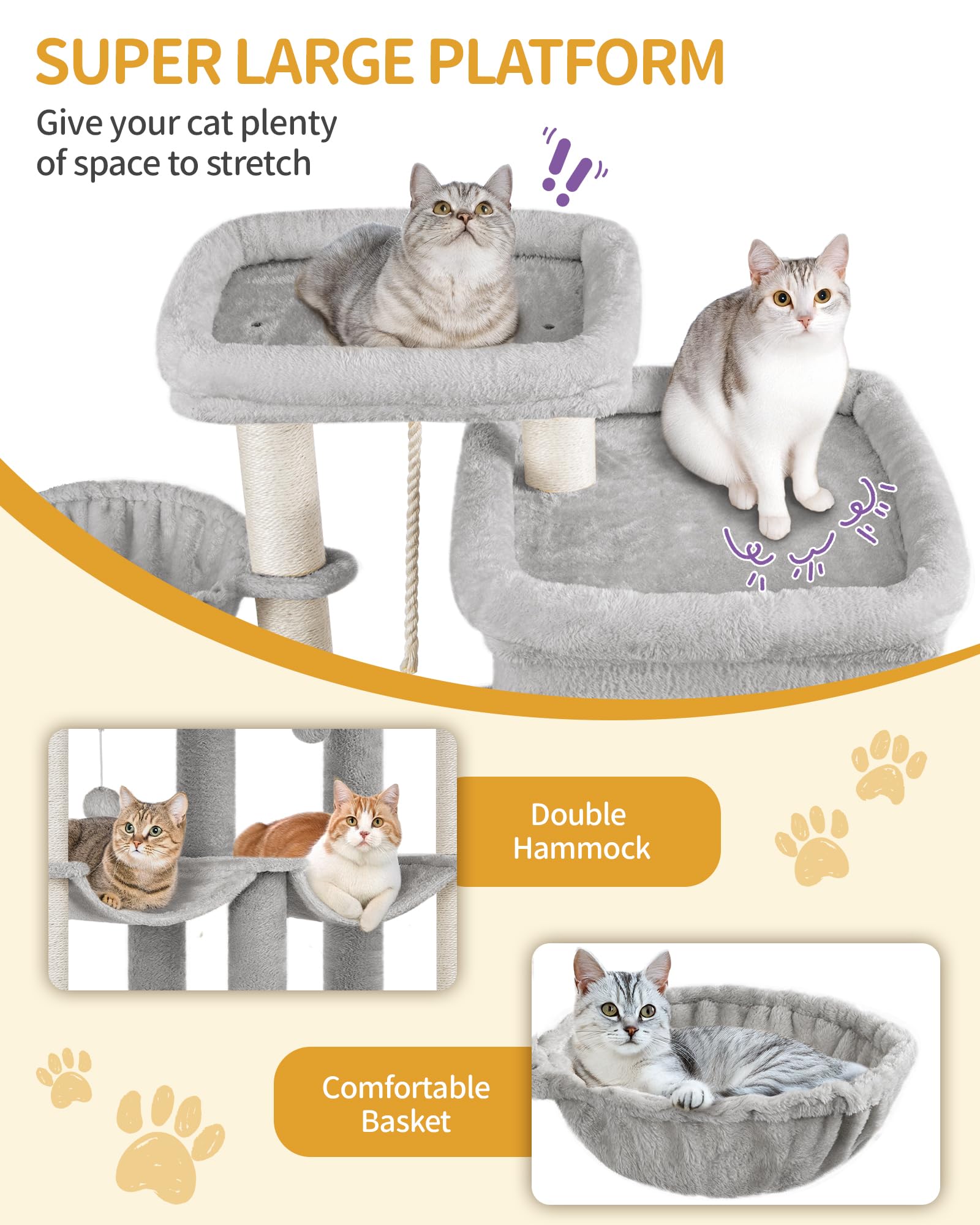 Hzuaneri Árbol de Gato 200 cm XXL, Rascador con 2 Casitas y 10 Sisal, Torre Resistente para Gatos Grandes Maine Coon, Incluye 2 Hamacas, Gris Claro MS20018LG