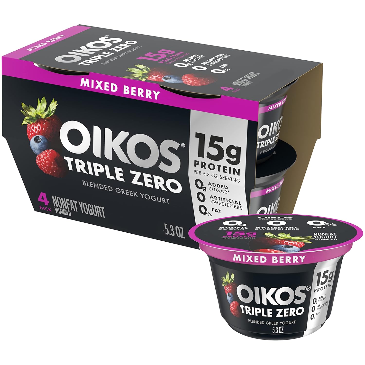 Buy Oikos Triple Zero Greek Nonfat Yogurt, Mixed Berry, 5.3 oz., 4 Pack Online at Lowest Price