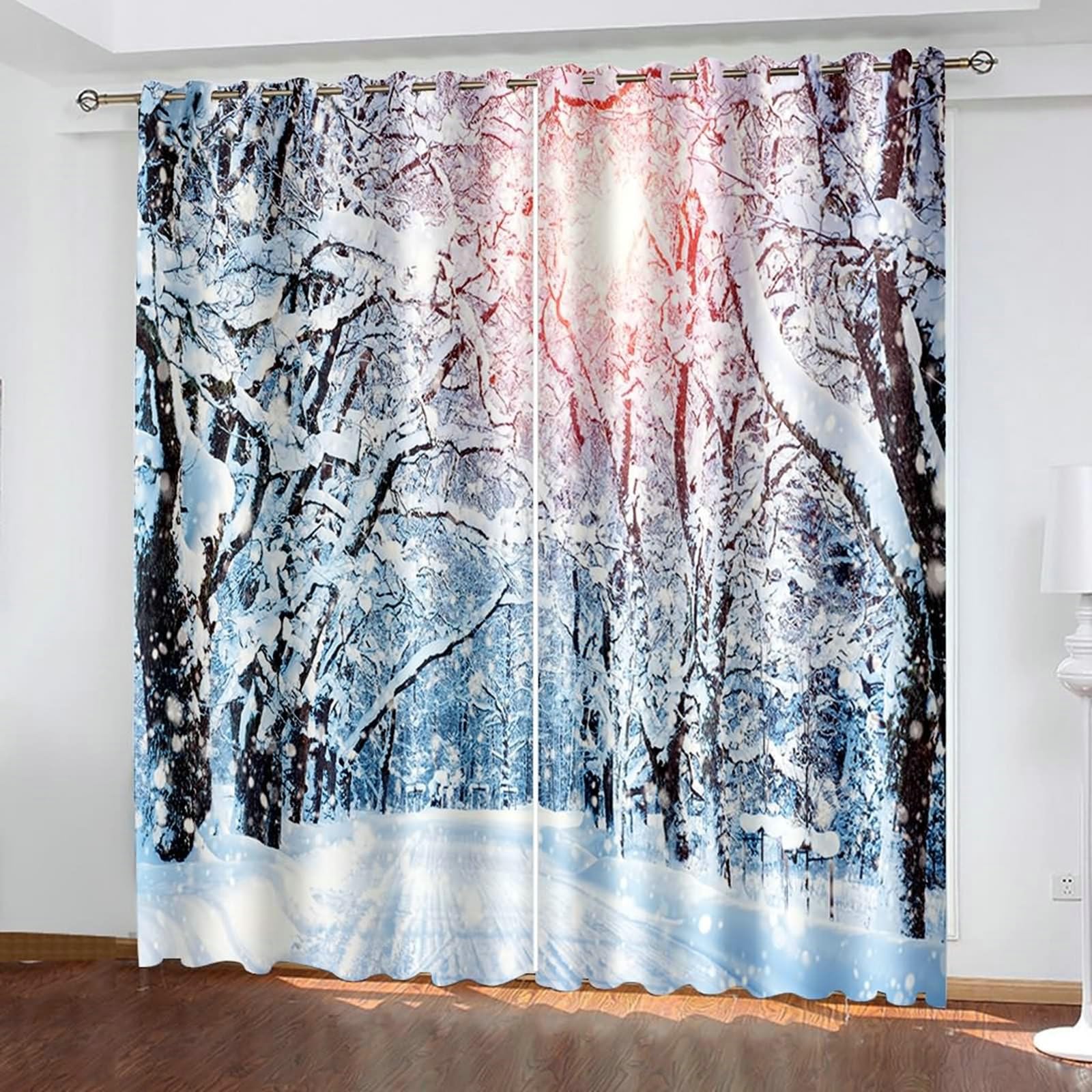 Gardinen Blickdicht 2er Set, Thermovorhänge Winterbäume und Weg mit Schnee H 160 x B 107 cm Abdunkelnde Vorhänge Ösen für Wohnzimmer