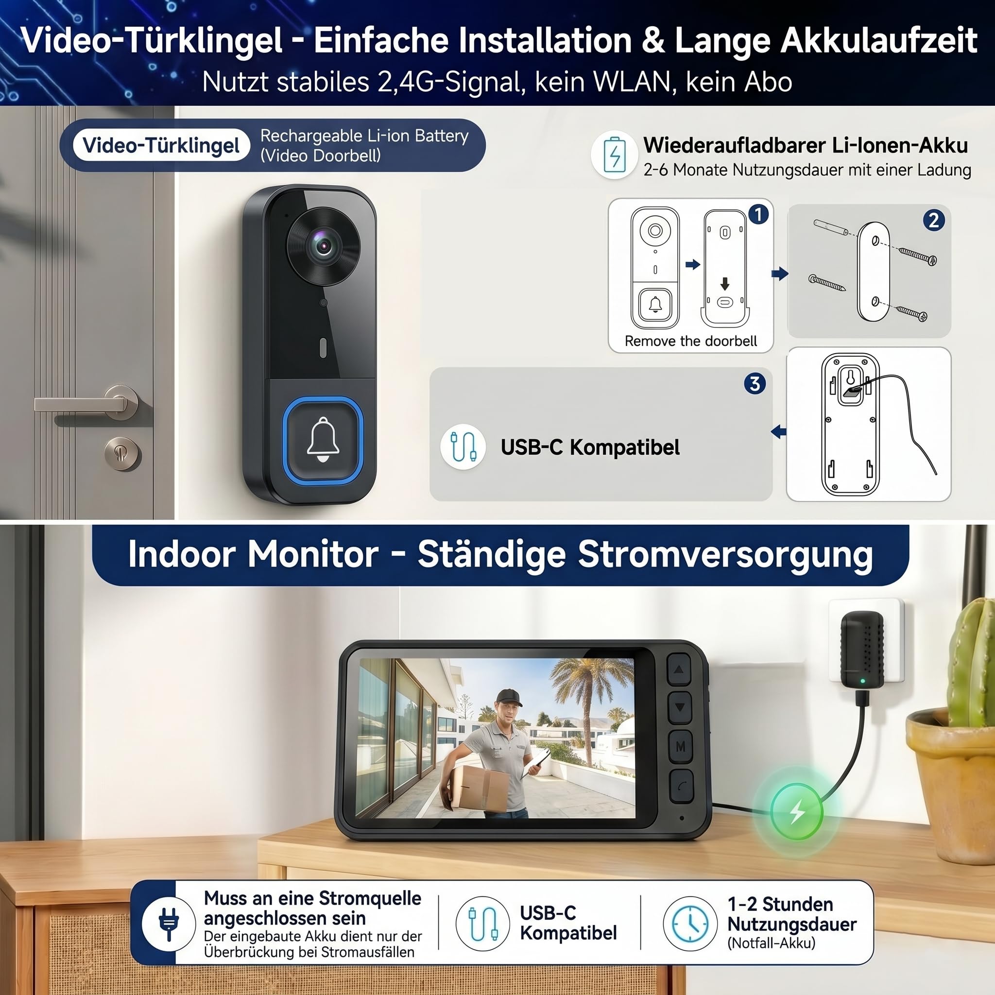 Video Türklingel mit Kamera Drahtlos, Funkklingel mit Kamera und Monitor, Türsprechanlage 4,5" IPS Bildschirm, 2,4GHz Verbindung, IP65 Wasserdicht, Nachtsicht, Gegensprechanlage, Ohne WLAN Ohne App