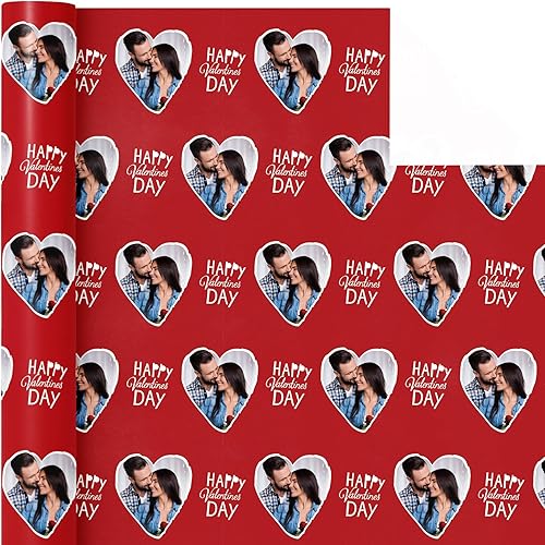 Miniatura 3 de Wrapitfun Custom Valentines Wrapping Paper 17 × 196 in, Personalized Photo Gift Wrap Valentines Day Design with Red Heart Frame, Custom Gift Wrap
