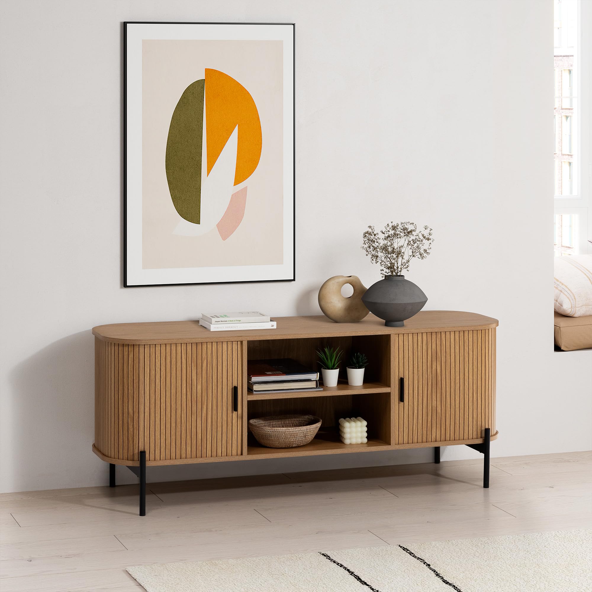 HOMN LIVING Mueble TV Mónaco 2 Puertas 2 Huecos Color Roble, 140 cm (Ancho) 40 cm (Profundo) 55 cm (Altura)