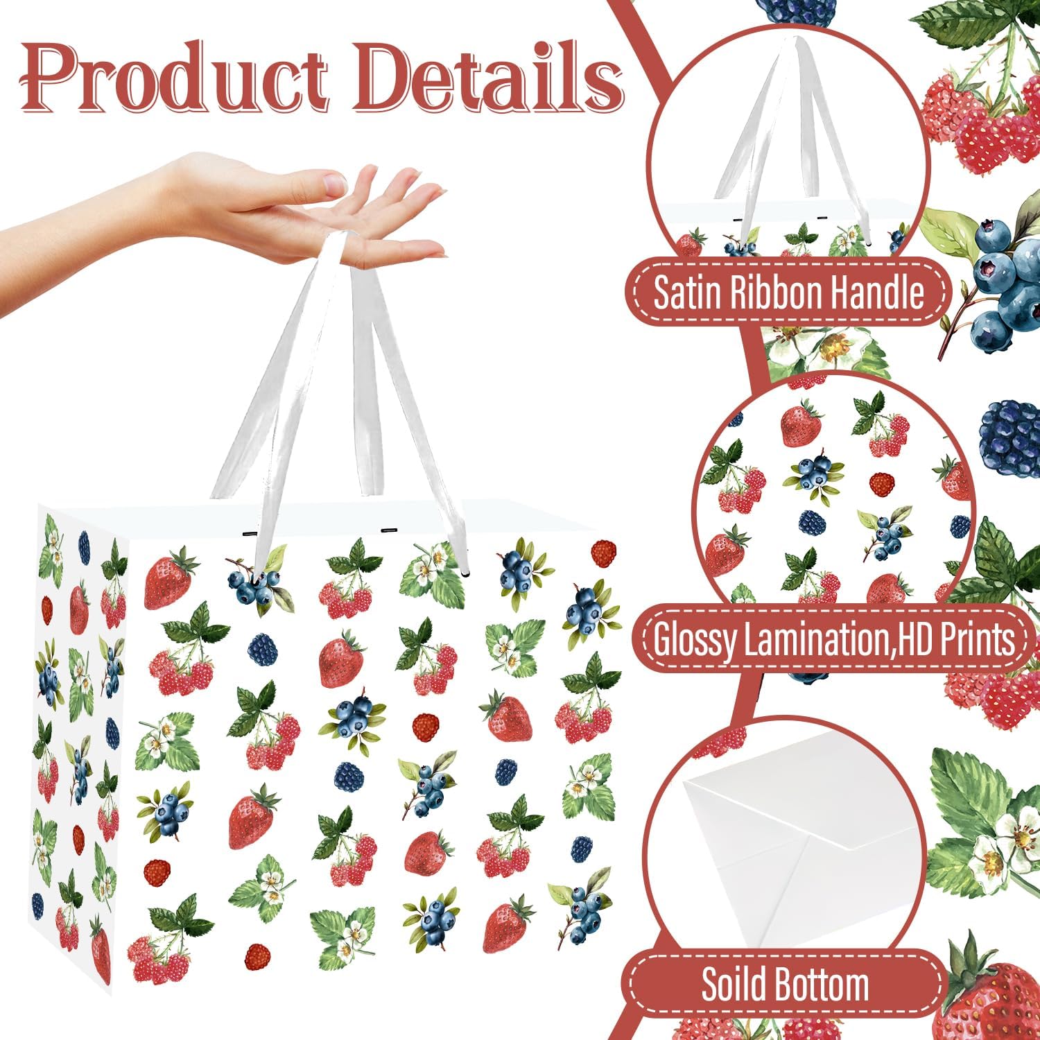 JORHANCE Berry Party Gift Bags with Tissue Paper & Birthday Card, Large Strawberry Wrapping Paper, Blueberry Baby Shower Decorations & Birthday Decorations, Berry Sweet Theme - Image 2