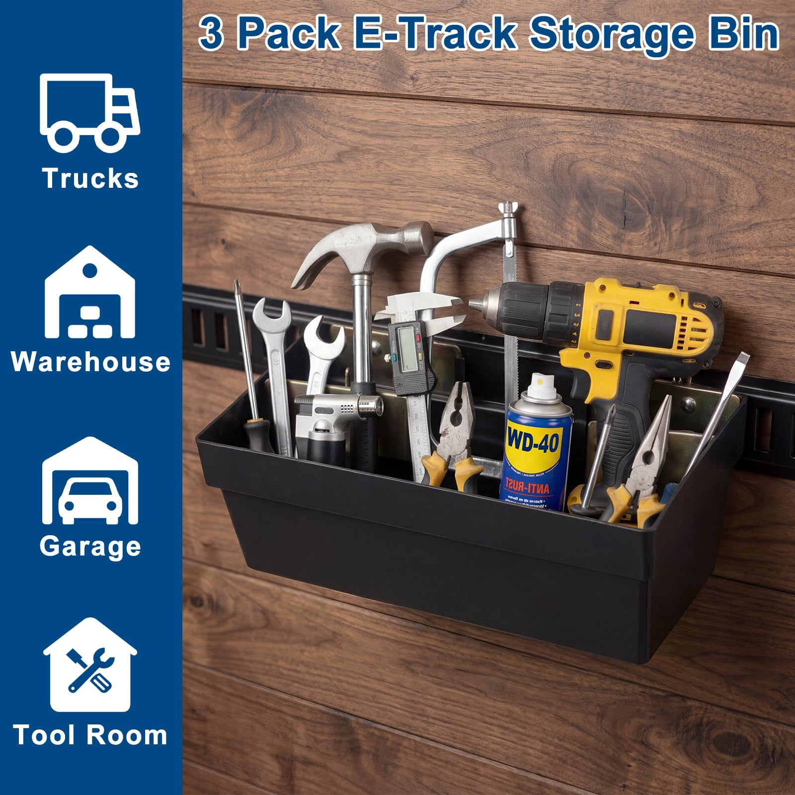 Paquete de 3 contenedores de almacenamiento E Track – 13 x 7 x 6 pulgadas, organizador de cesta de pista E resistente para remolques cerrados, camiones y talleres, accesorios de sistema de