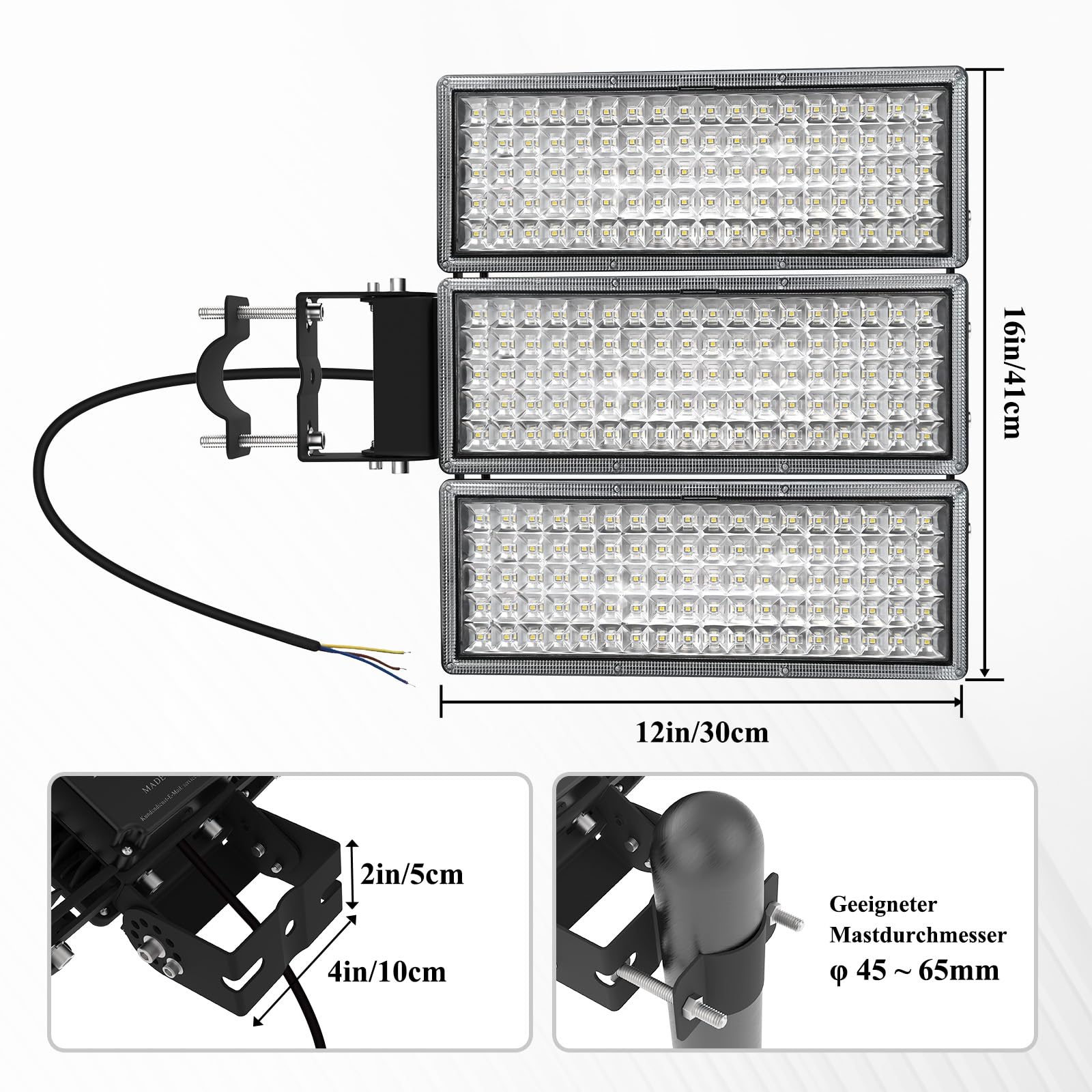 300W LED Flutlicht 42000LM, 3 Köpfe Straßenlampe 6500K | IP67 Wasserdicht & Robust, Flimmerfrei, 10KV Blitzschutz. Festverdrahtung. 180° verstellbarer. Für 45-65mm Mast, Garten