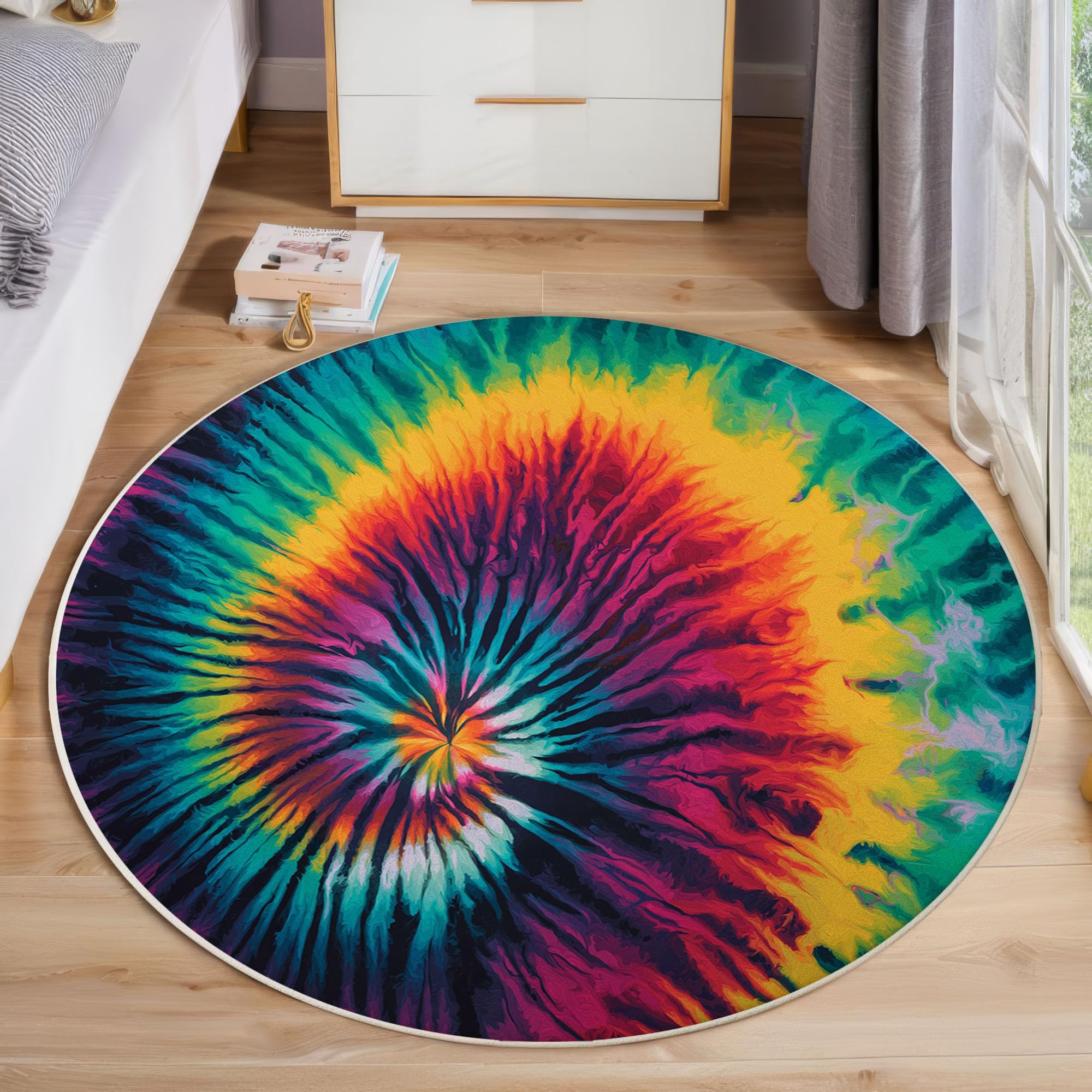 Tapis rond rétro tie-dye de 100cm lavable pour salon et chambre