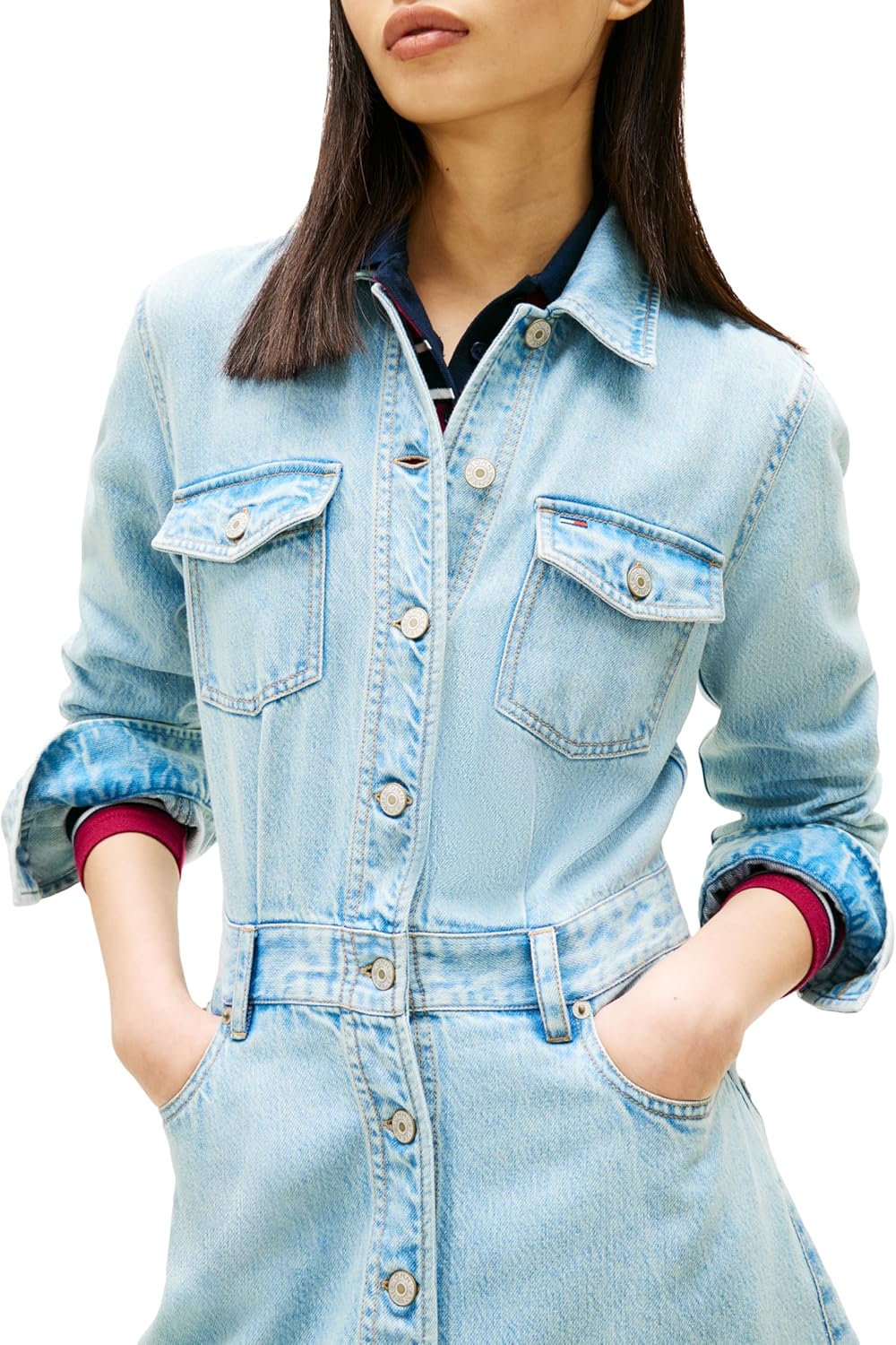 Tommy Jeans Womens Long Sleeve Denim Trucker Mini Dress with Embroidered Flag Logo - Image 2