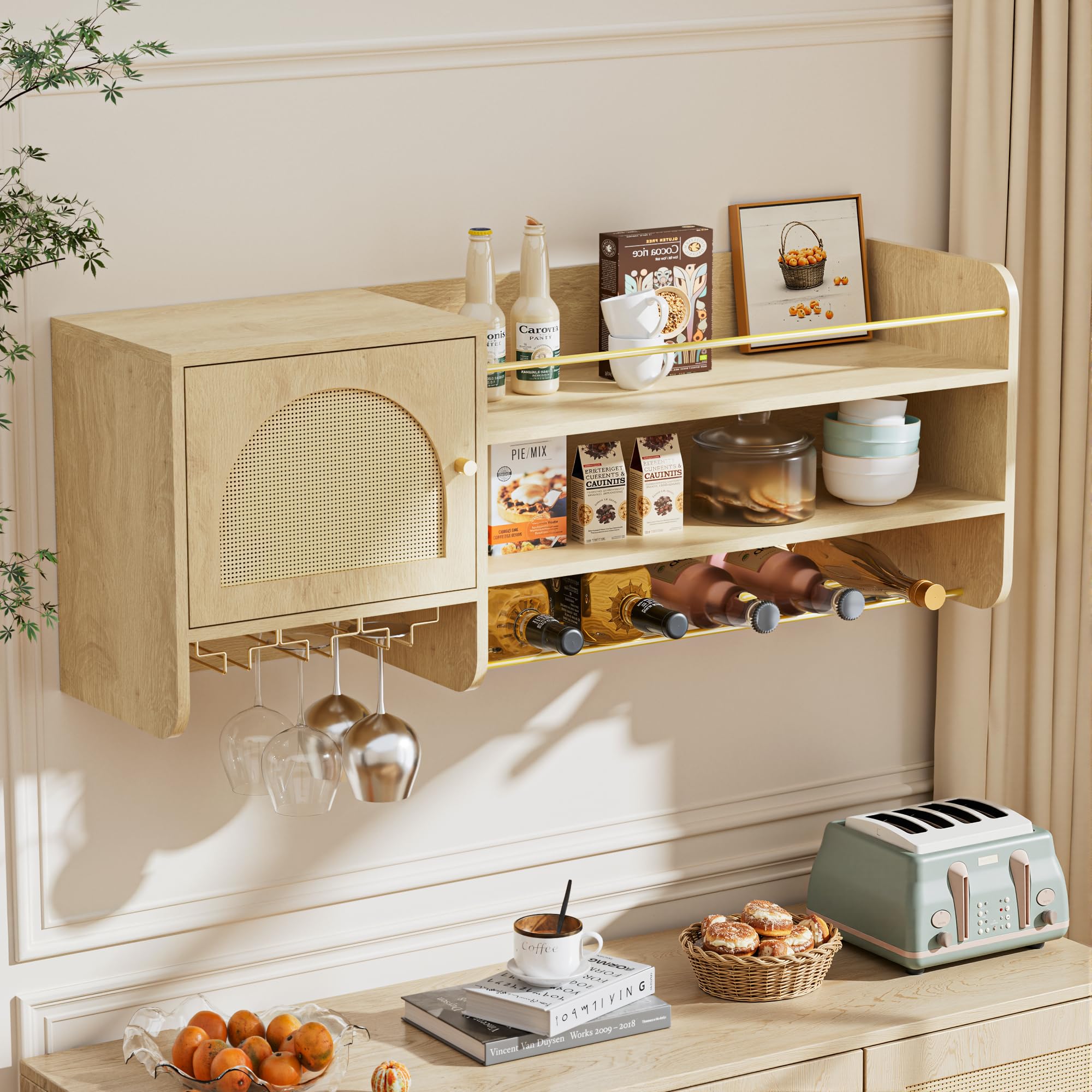 BonVache Weinschrank, mit verstellbaren Weinregalen und Glasablagen, Getränkelagerung, Küchen-Weinregal, geeignet für Esszimmer und Wohnzimmer, in Naturholzoptik