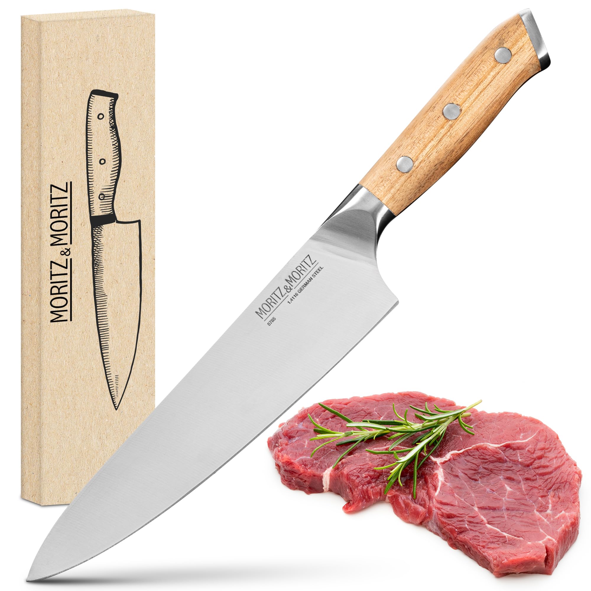 Moritz & Moritz Kochmesser 20 cm - Profi Küchenmesser - Hochwertiges Allround Messer scharf - Chefmesser mit ergonomischem Griff aus Akazienholz - Allzweckmesser aus deutschem Messerstahl