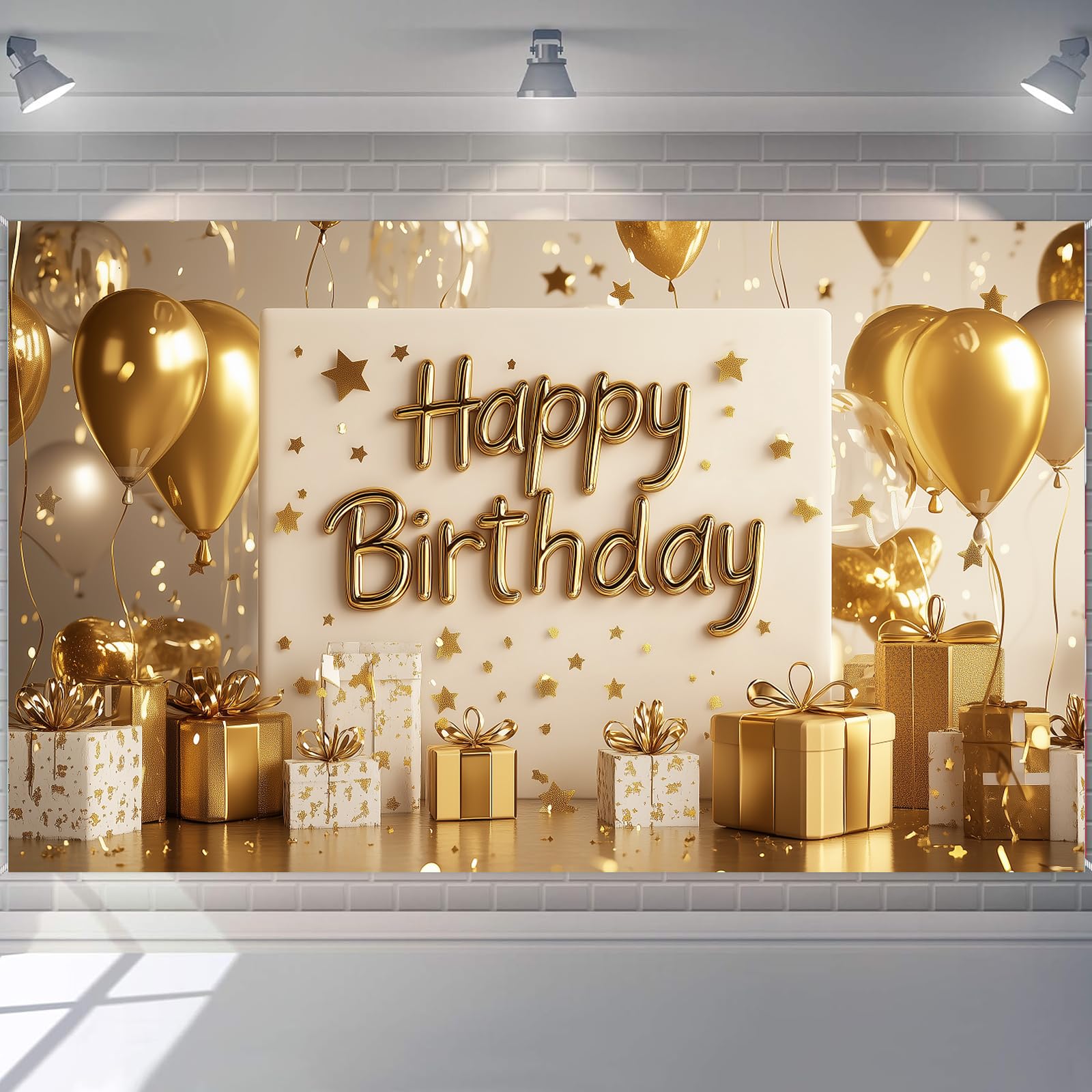 Tiamon Gold Happy Birthday Backdrop Banner White and Gold Background for Women Glitter Star and Balloon Photography Backdrop for Birthday Table Wall Decoration Party Supplies 72.8 x 43.3 Inch-image-14