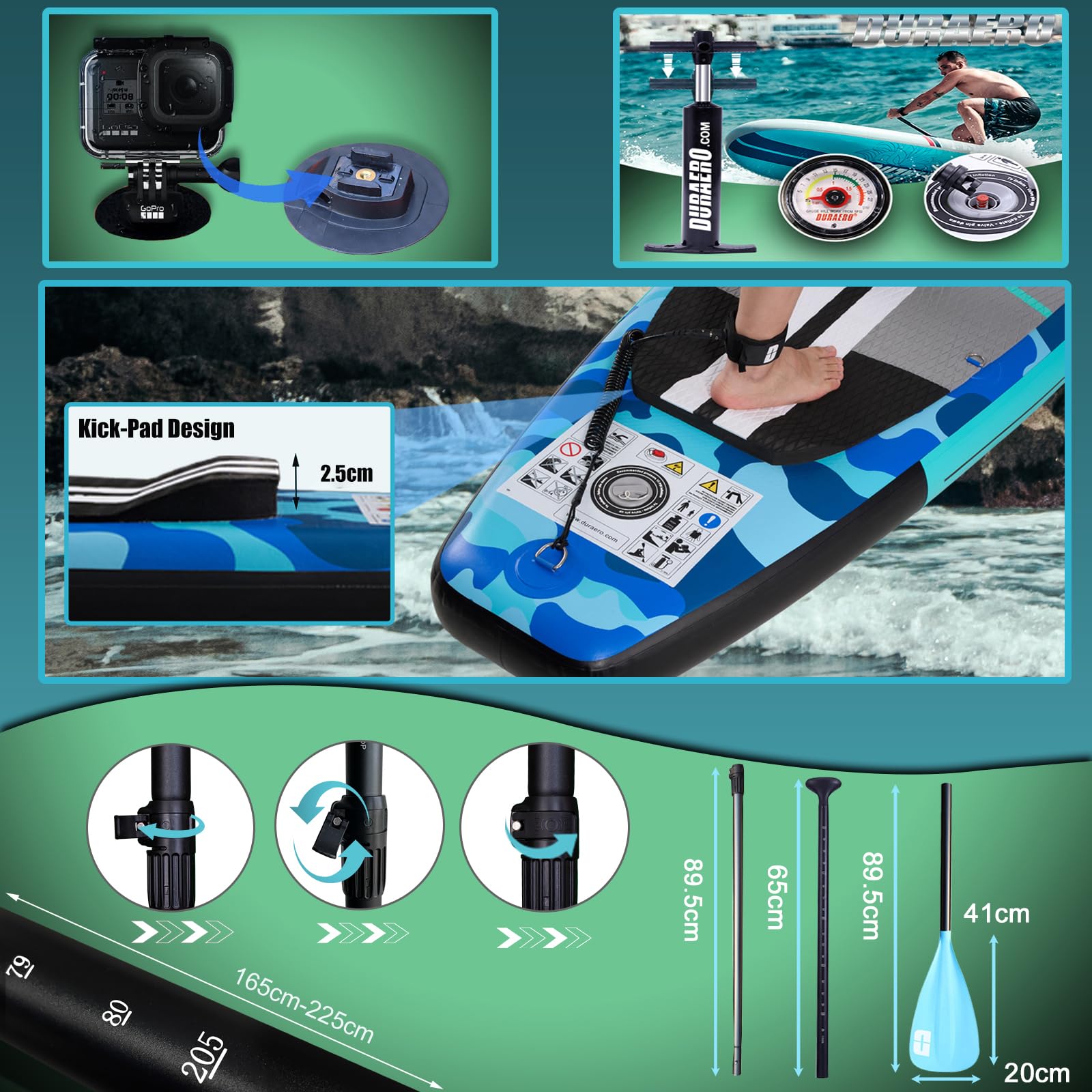 Stand up Paddling Board Aufblasbare, Kajak Sitz,330x76x15cm, Tragkraft bis 150Kg, Cam Halterung,Integrierte Kick-Pad, 3 Finnen, Verstellbares Doppel-Paddel, Komplettes Zubehör, Blaues Camouflage