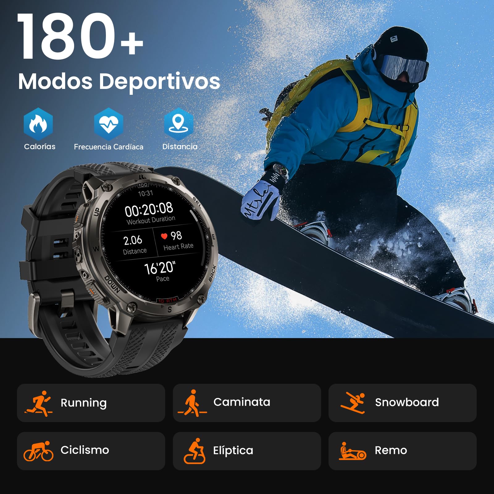 KOSPET Tank T4 Smartwatch con GPS, Acero Inoxidable, Mapas Offline, 10ATM Impermeable hasta 45 m, Batería de 50 Días, 180+ Modos Deportivos, Llamadas Bluetooth, Frecuencia Cardíaca y Sueño（Negro）