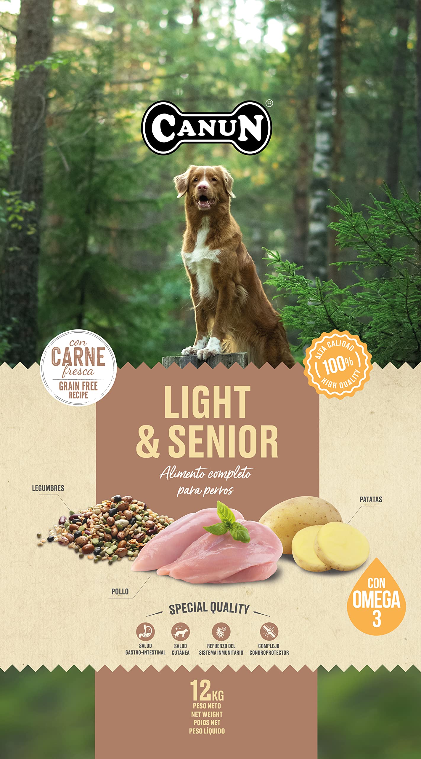Pienso para Perros Senior o con sobrepeso con Pollo Fresco Sin Cereales Alimento seco para Perros 12 kg Canun Fresh Ligth&Senior