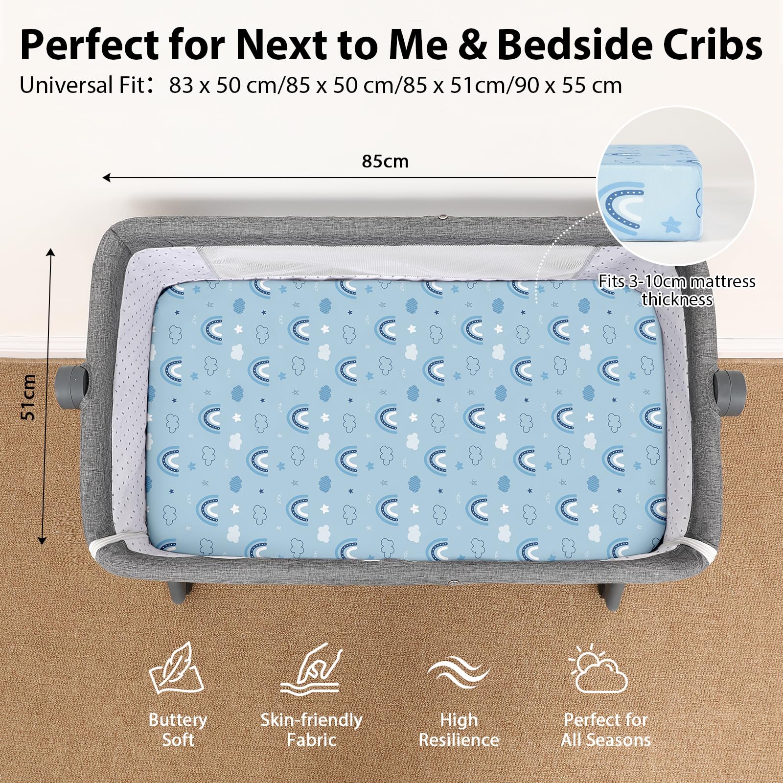 Next to Me Crib Sheets 85x51cm Fitted, 3 Pack Baby Cot Sheets - Image 2