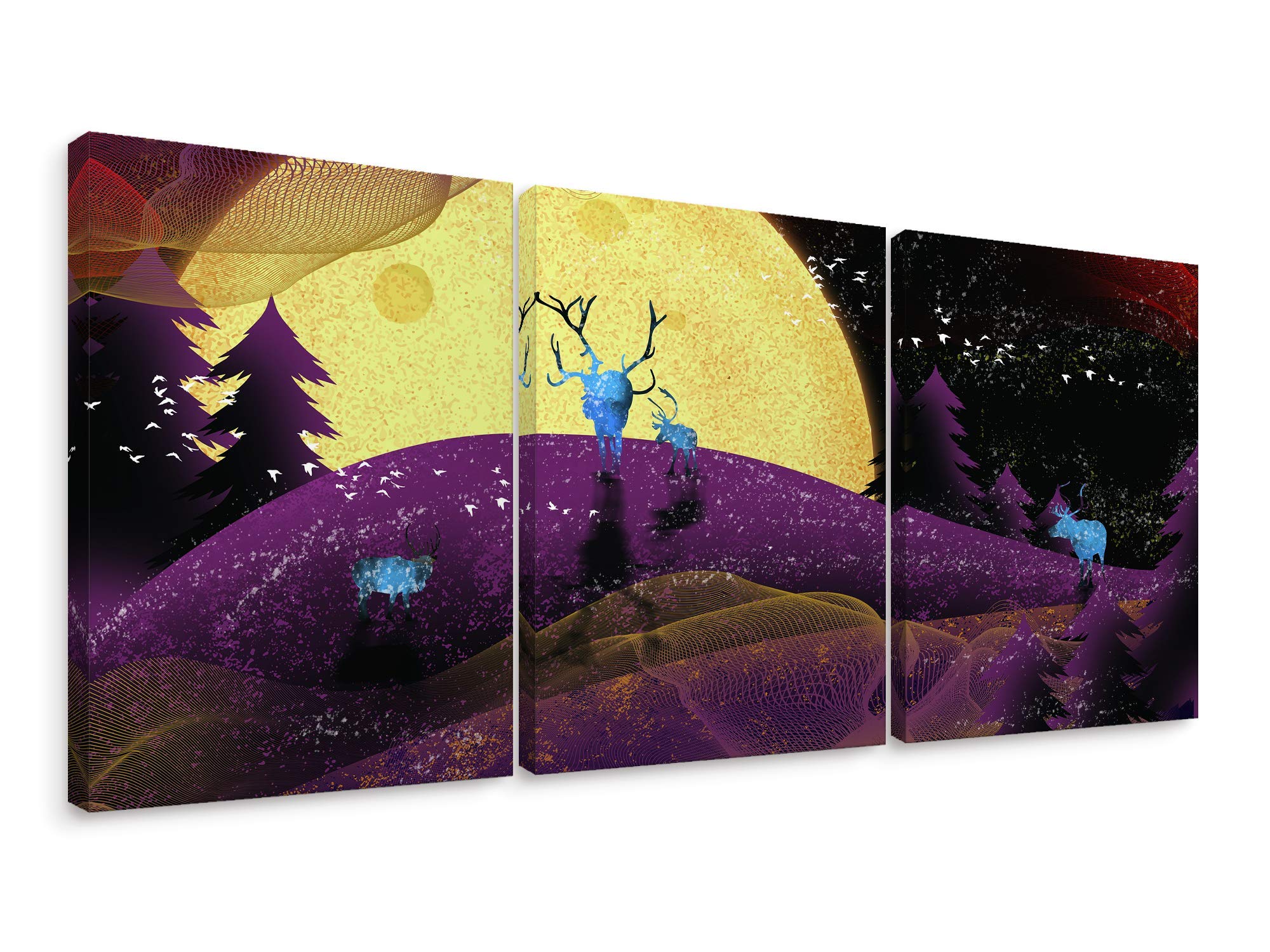 Niwo ART - Golen Moon and Purple Mountain, 3-Panel Triptych Canvas Wall Art, Home Decor, Gallery Wrapped, Stretched, Framed Ready to Hang (36"x24"x1.5")