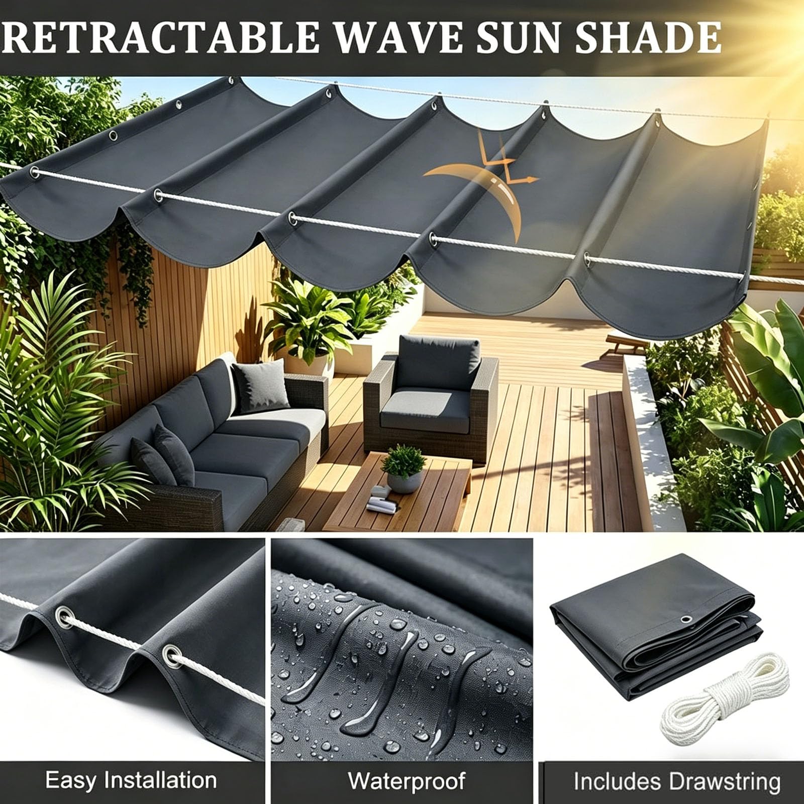 Einziehbare Welle Sonnensegel 300 x 600 cm mit Wasserdichtem & Uv-Beständigem Segeltuch, Reißfeste Schattenabdeckung Aufrollbar Segeltuch Markise für Outdoor Balkon, Dunkelgrau