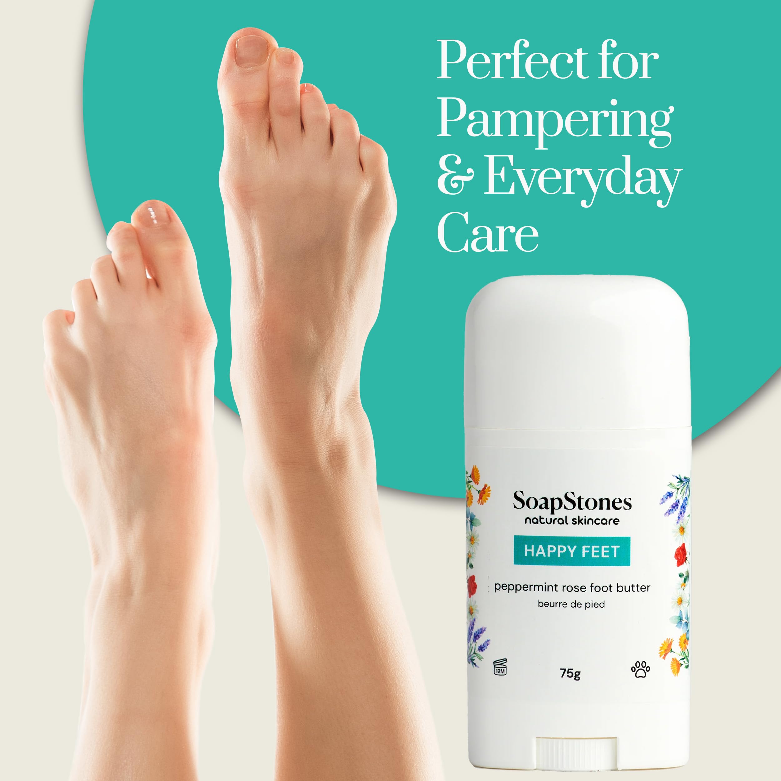 Soapstones Happy Feet - Mantequilla para pies de menta y rosa, 2.65 oz, barra de talón para tratamiento de talón agrietado con manteca de karité 6