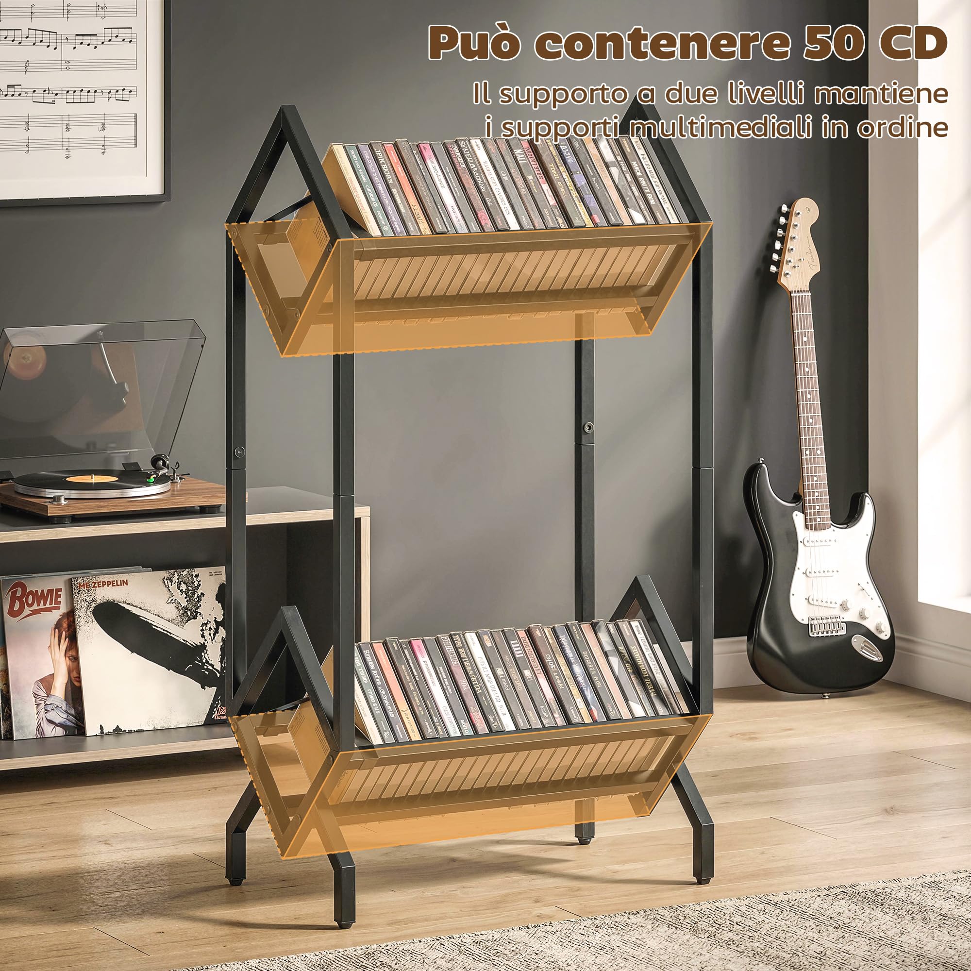 Meuble porte-CD HOMCOM à 2 niveaux en métal, étagère pouvant contenir 50 CD, peu encombrante, meuble porte- pour DVD et livres, pour le salon, la chambre à coucher ou le bureau, 45,2 x 25,4 x 80