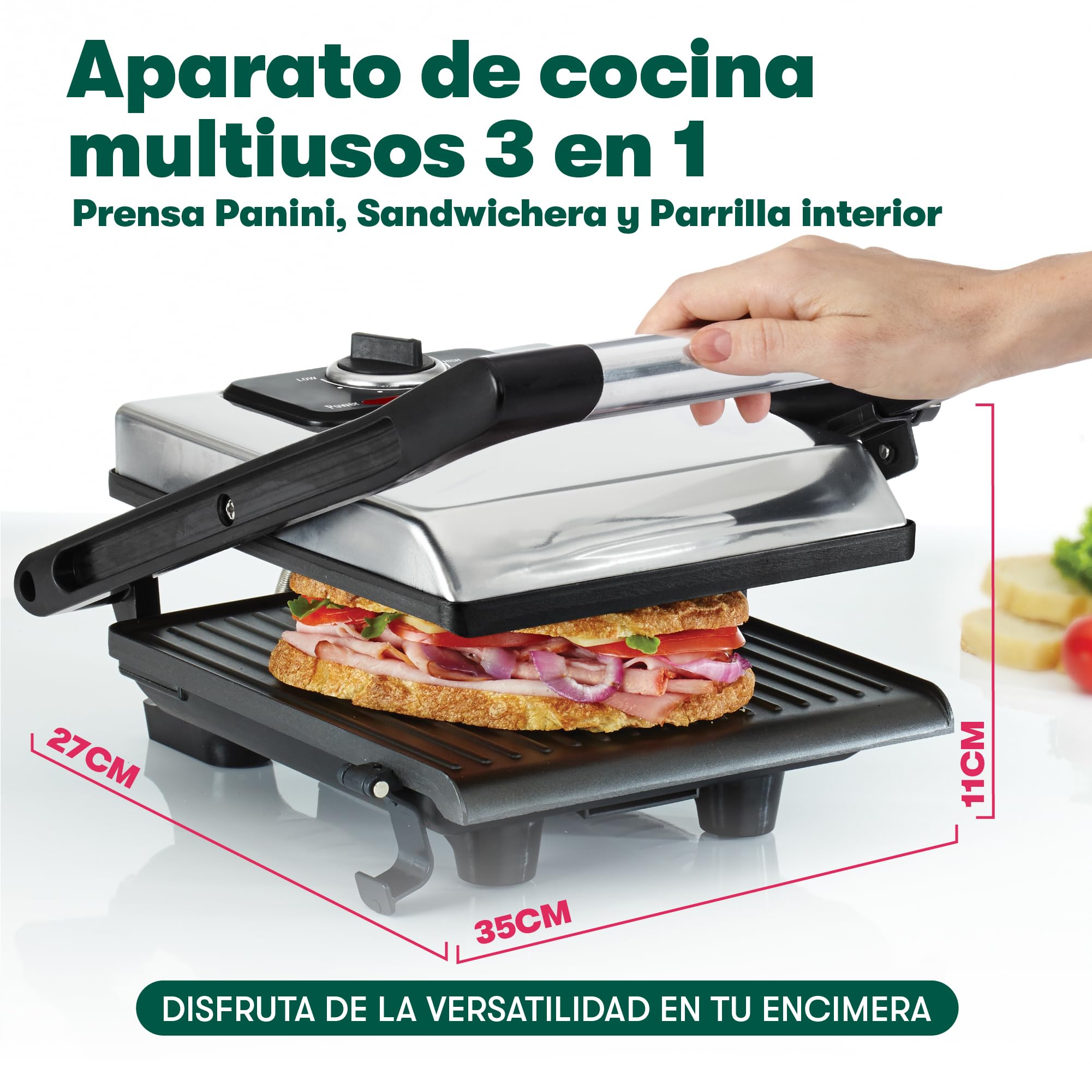 bella Sandwichera, Prensa para Paninis y Grill Eléctrico con Placas Dobles Antiadherentes, Tapa Regulable en Altura y Bandeja Recogegotas Extraíble, Acero Inoxidable, 1400 Vatios