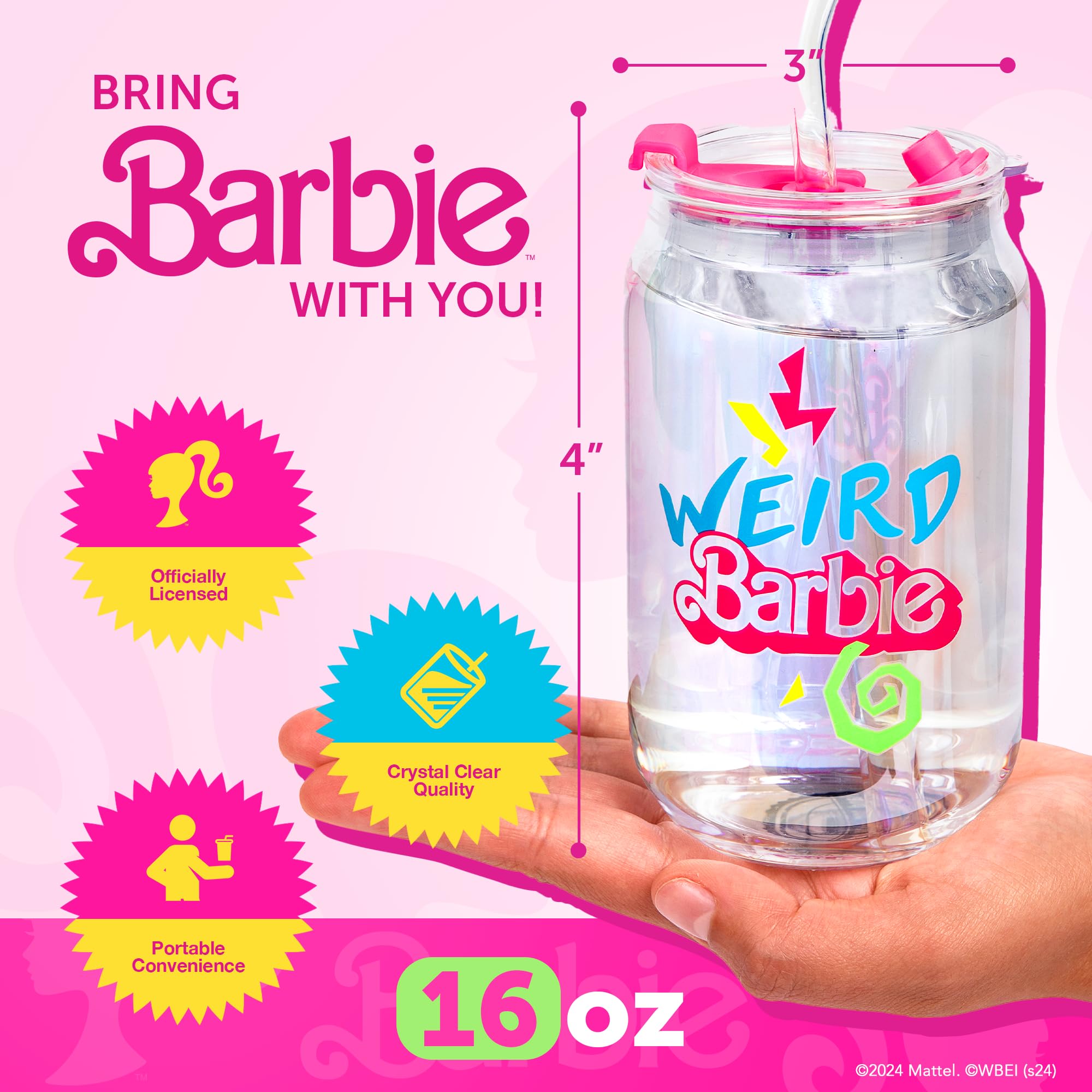 Amazon.com | Dragon Glassware x Barbie The Movie - 16 oz Glass Cups with  Lids and Straws, Set of 2 - Iced Coffee Cups with Lids - Versatile Glass  Tumbler with Straw