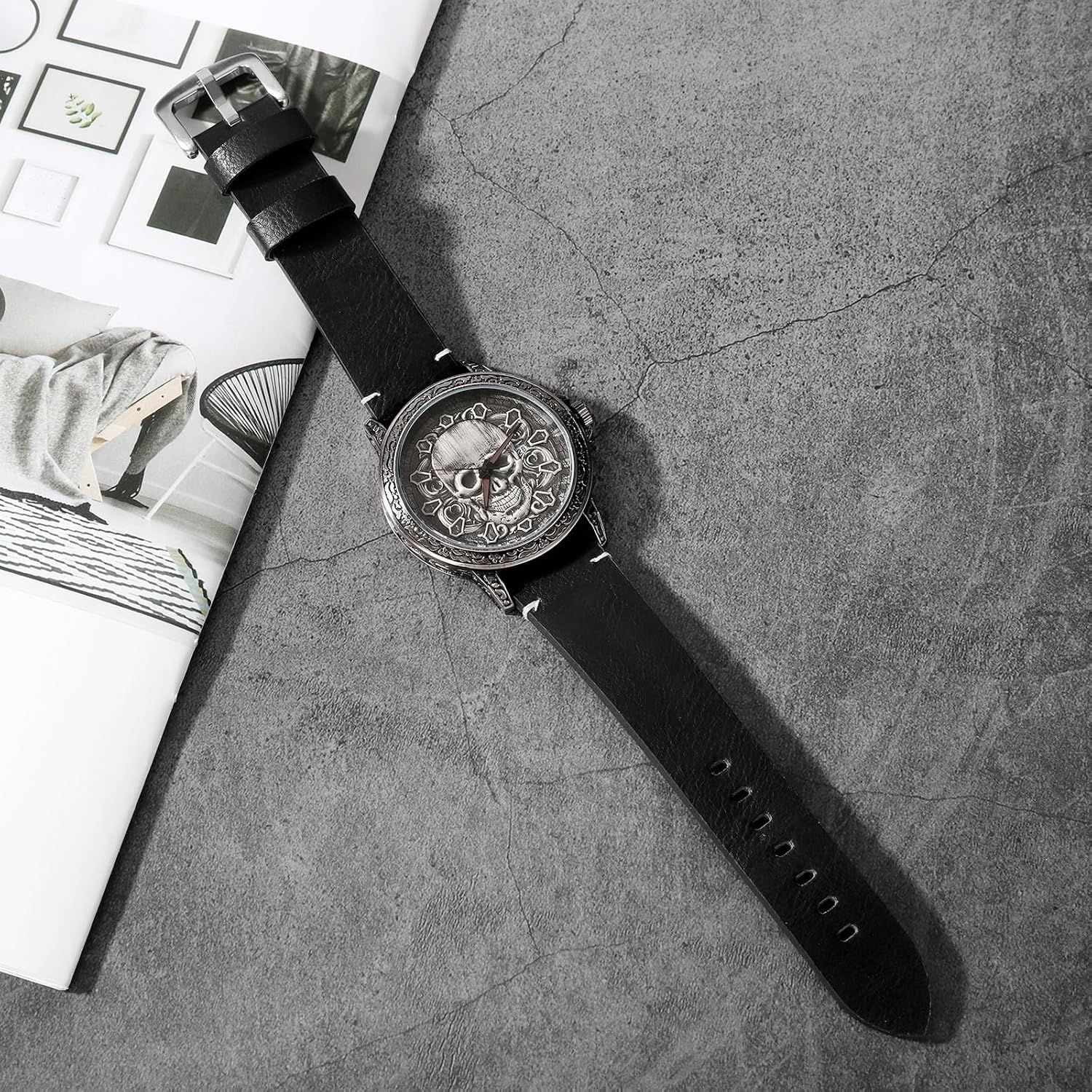 Reloj de pulsera casual de Halloween con diseño de calavera para hombre, correa de piel auténtica, caja de regalo